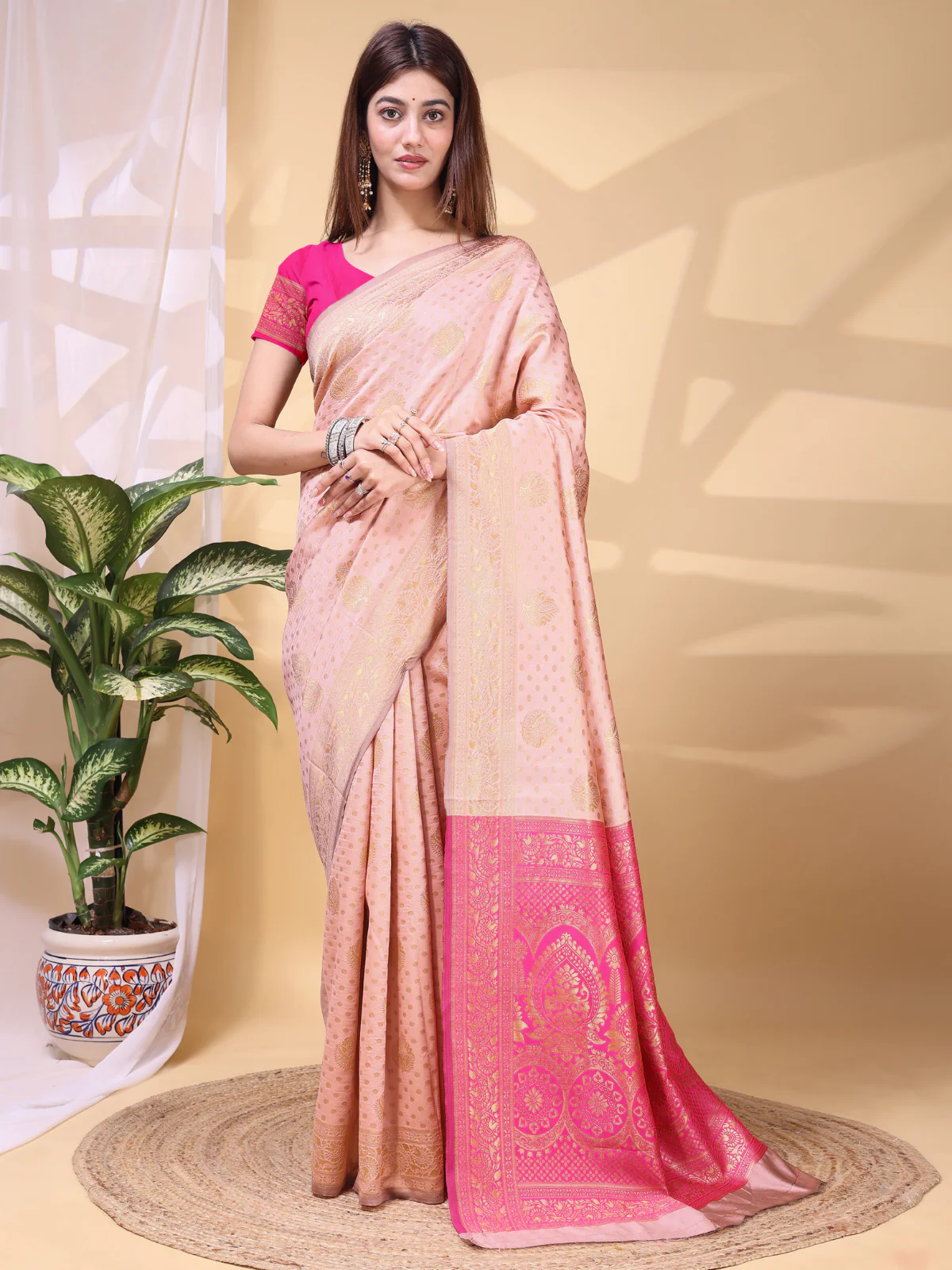 Odette Light Pink Silk Blend Woven Saree For Women