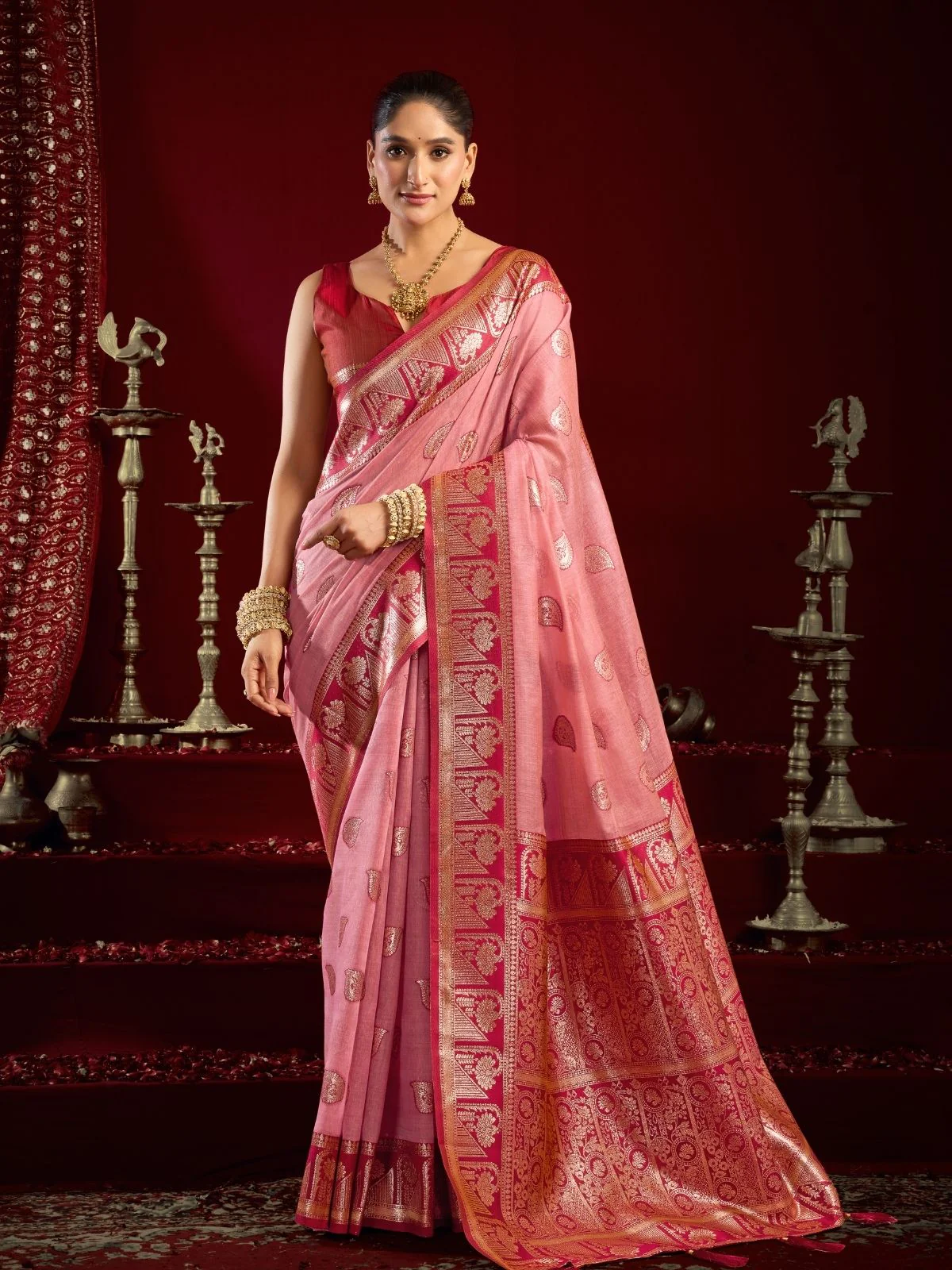 Odette Light Pink Silk Blend Woven Saree For Women