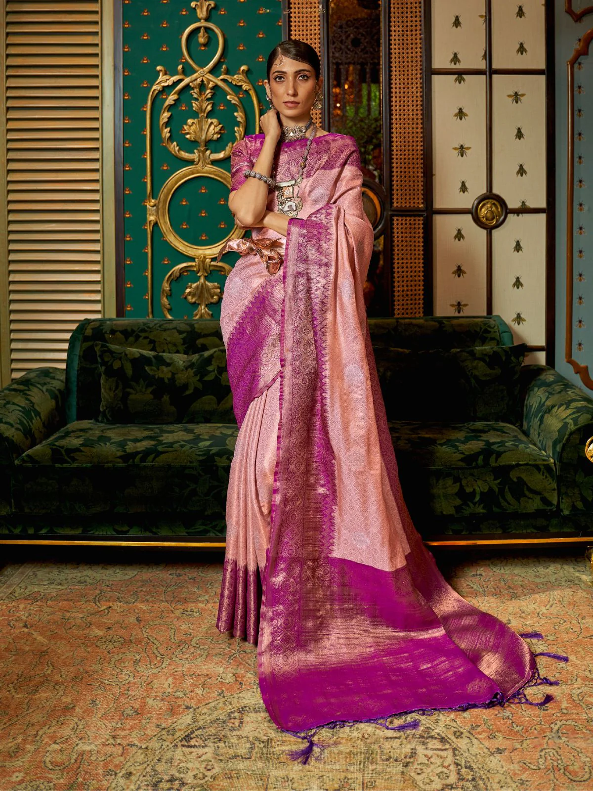Odette Light Pink Silk Blend Woven Saree With Unstitched Blouse for Women