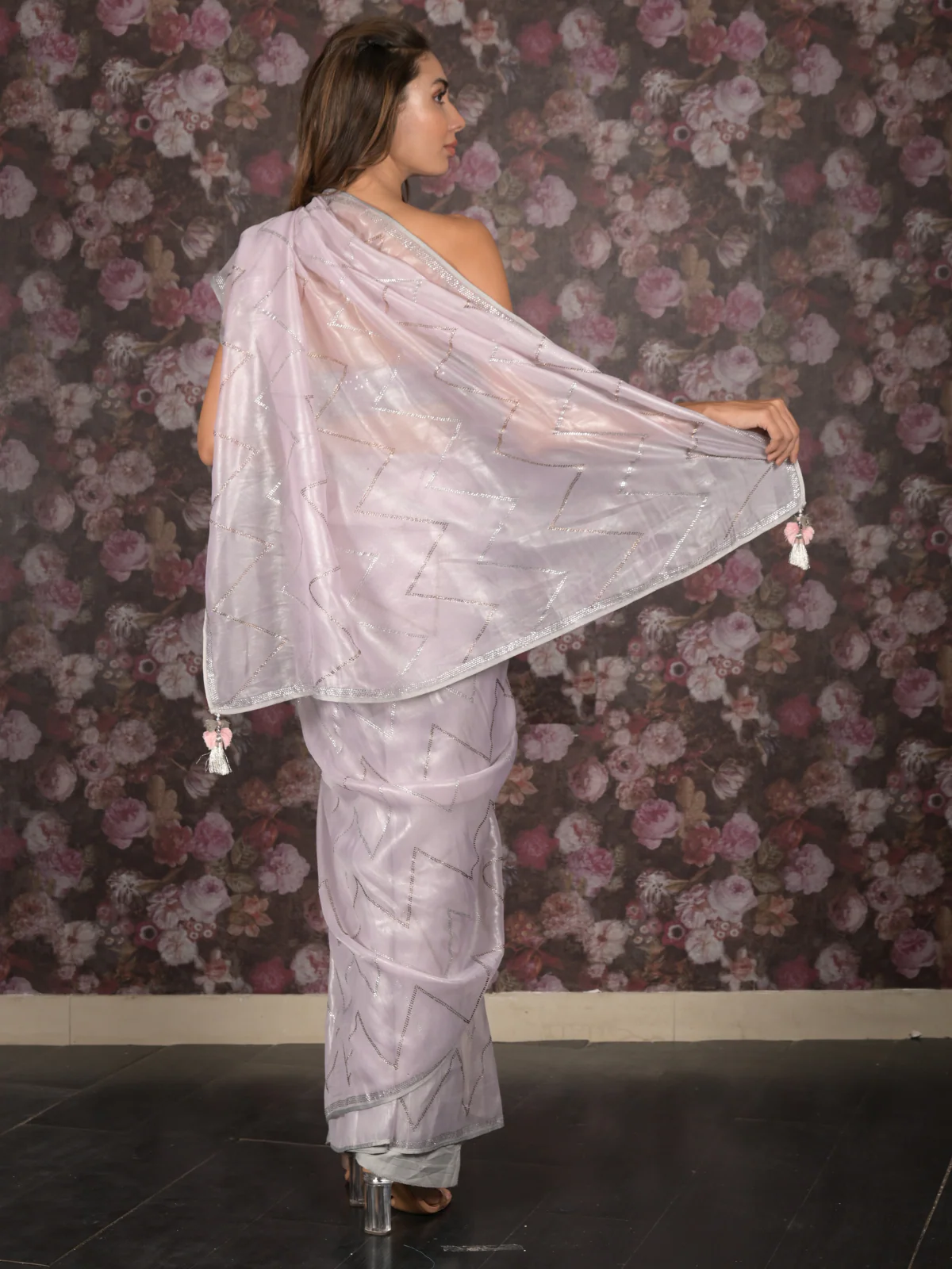 Odette Light Pink Soft Net Embellished Saree with Unstitched Blouse for Women - Image 4