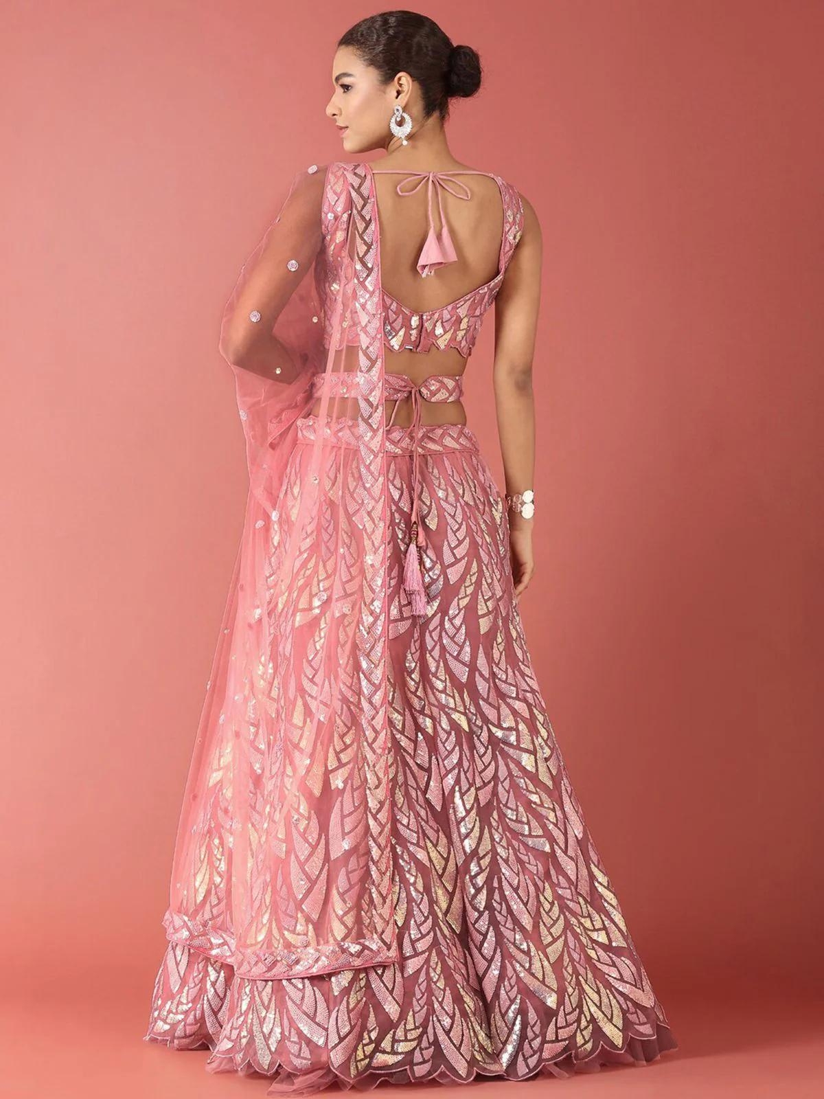 Odette Light Pink Soft Net Embellished Semi Stitched Lehenga With Unstitched Blouse For Women - Image 3