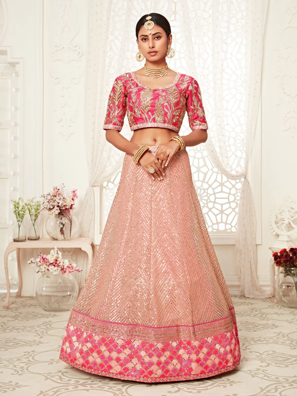 Odette Light Pink Soft Net  Embroidered Semi Stitched Lehenga With Unstitched Blouse For Women - Image 3