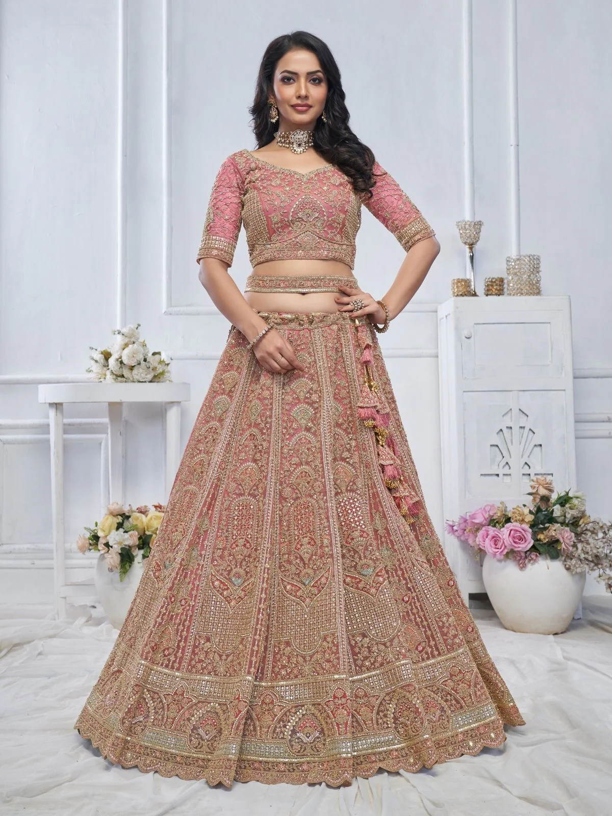 Odette Light Pink Soft Net Embroidered Semi-Stitched Lehenga With Unstitched Blouse For Women - Image 2