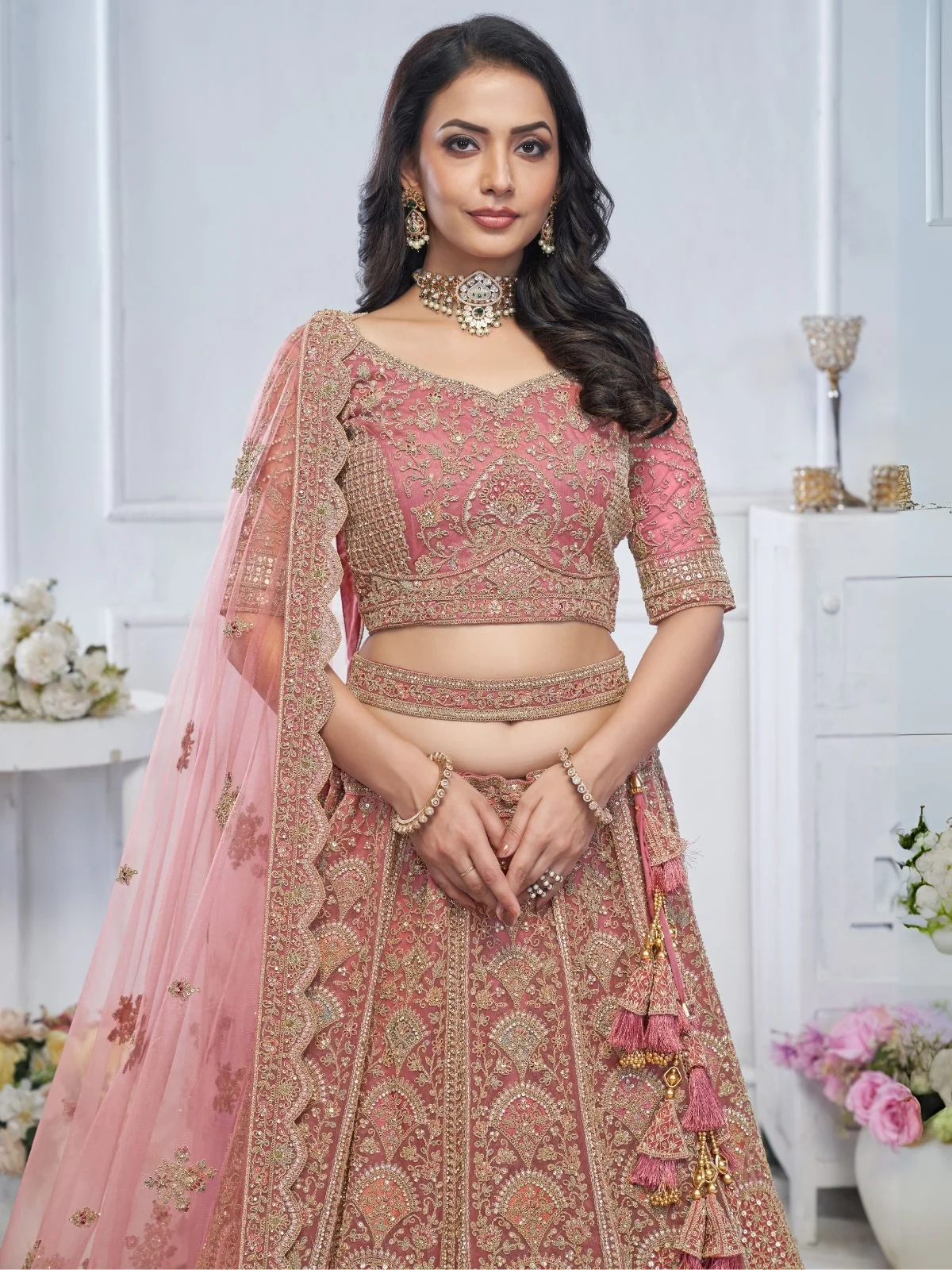 Odette Light Pink Soft Net Embroidered Semi-Stitched Lehenga With Unstitched Blouse For Women - Image 3