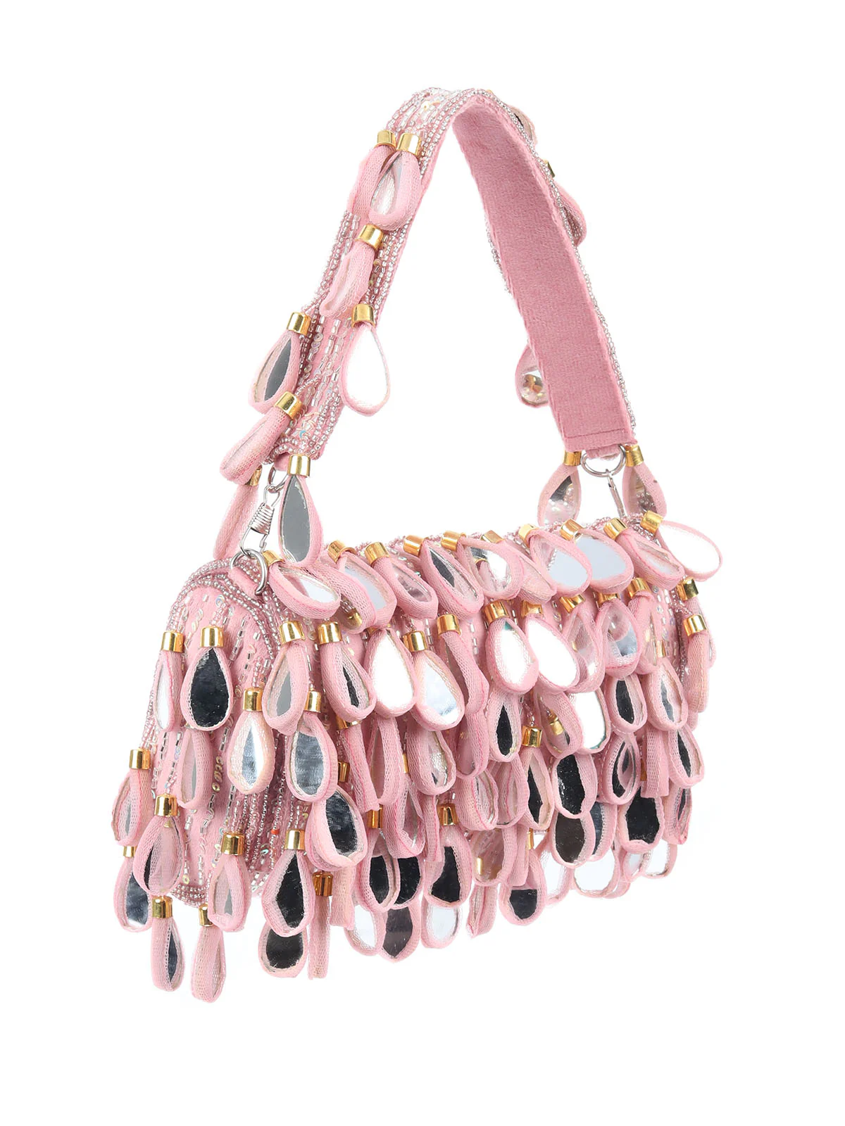 Odette Light Pink Suede Beads Tasseled Clutch With Mirror Work Hand Bag For Women - Image 4