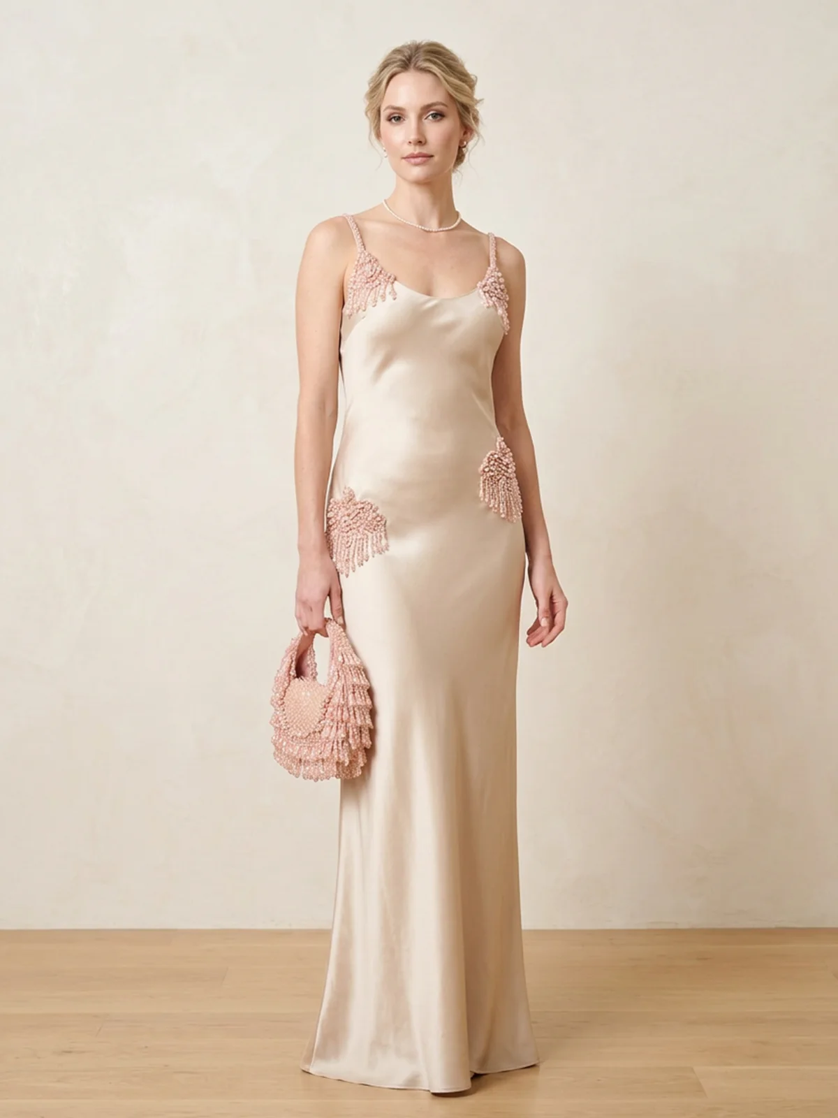 Odette Light Pink Suede Pearl And Stone Embellished Clutch For Women