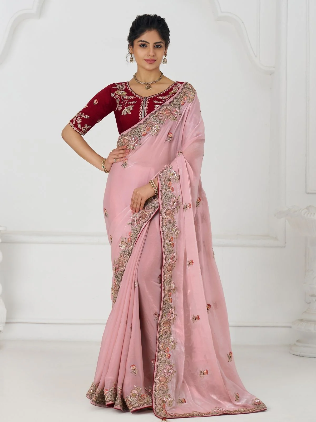 Odette Light Pink Viscose Silk Embroidered Saree For Women