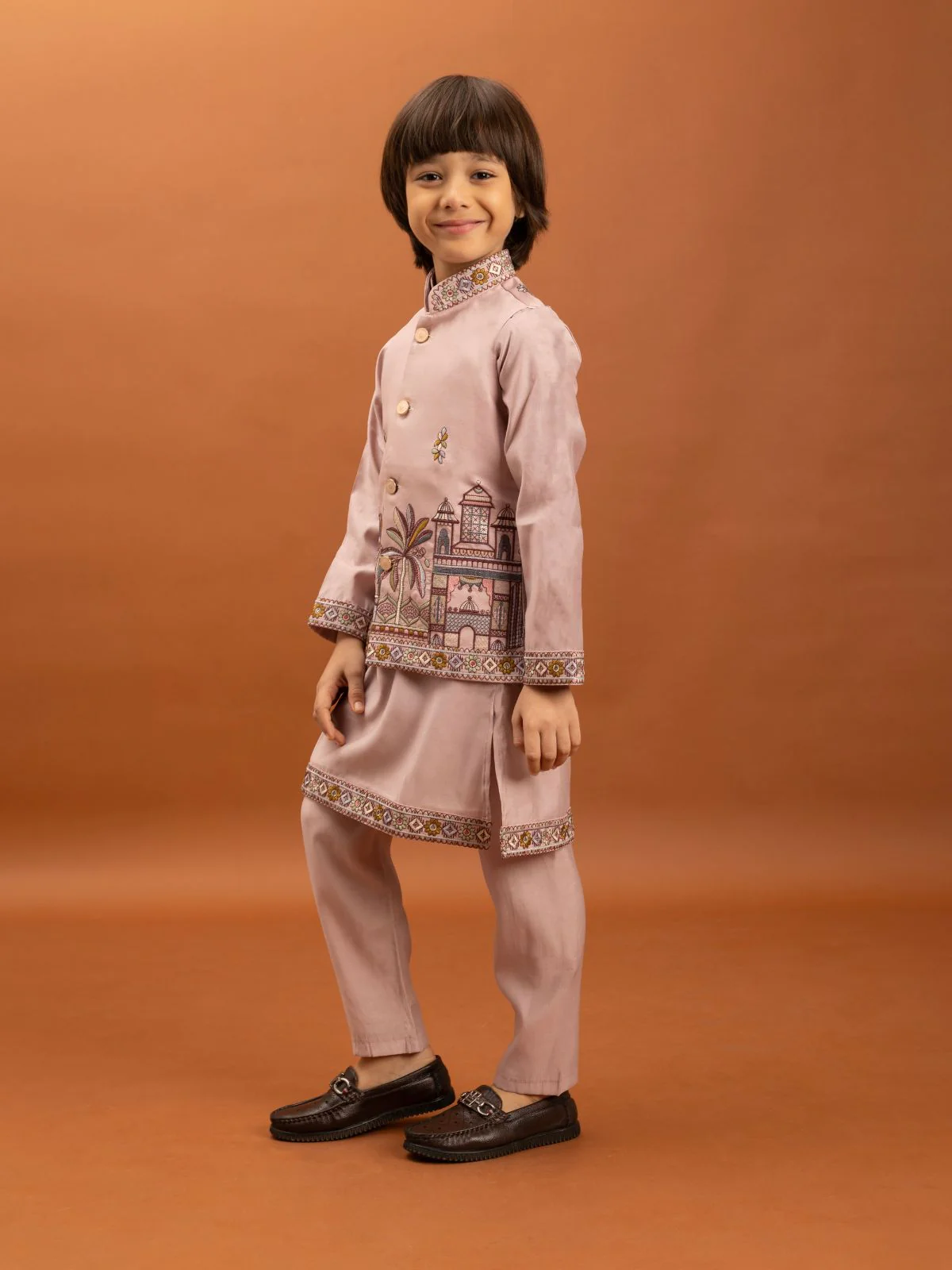 Odette Light Pink Viscose Silk Embroidered Stitched Kurta Set For Kids - Image 3