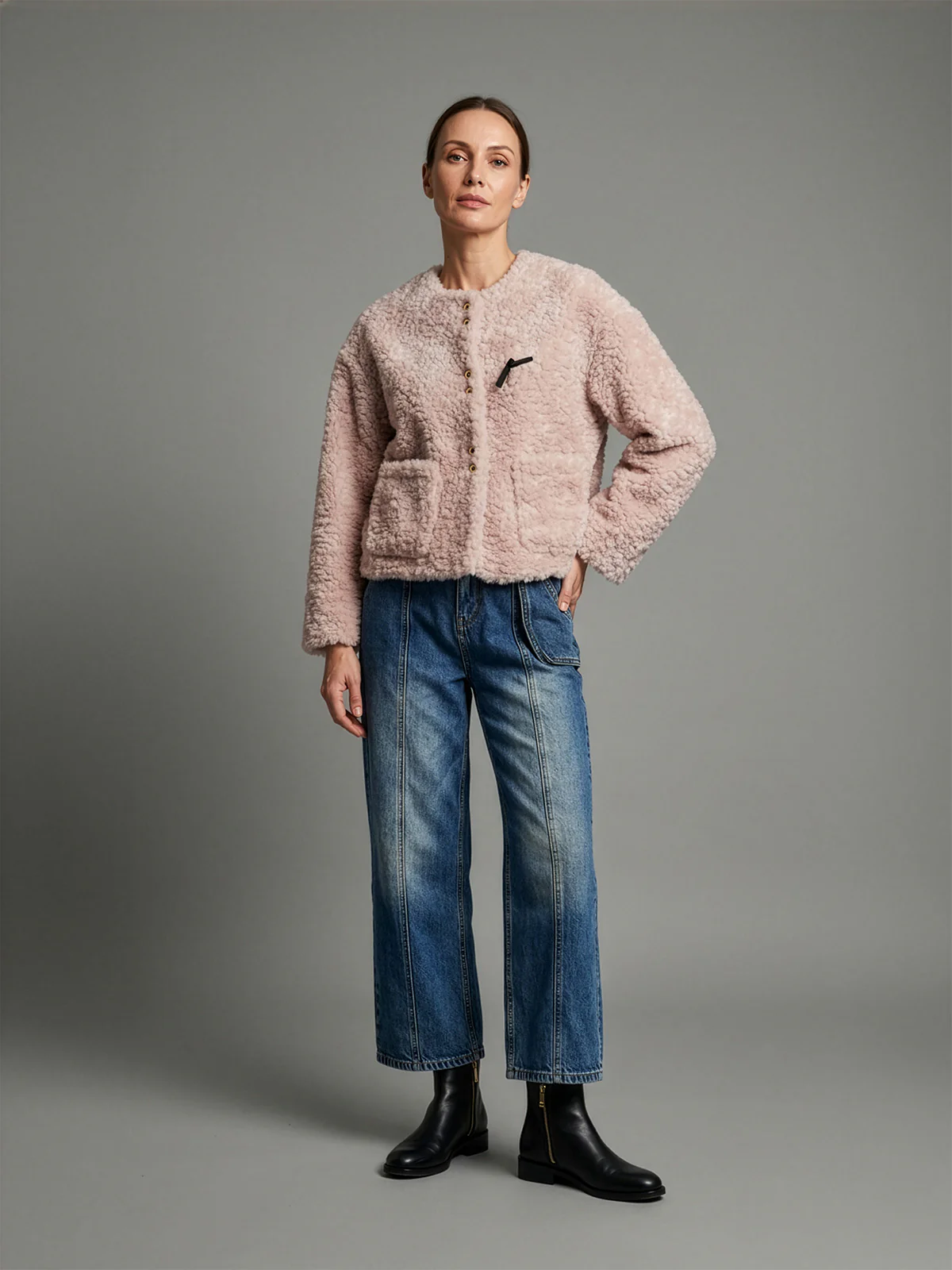 Odette Light Pink Woolen Solid Jacket For Women