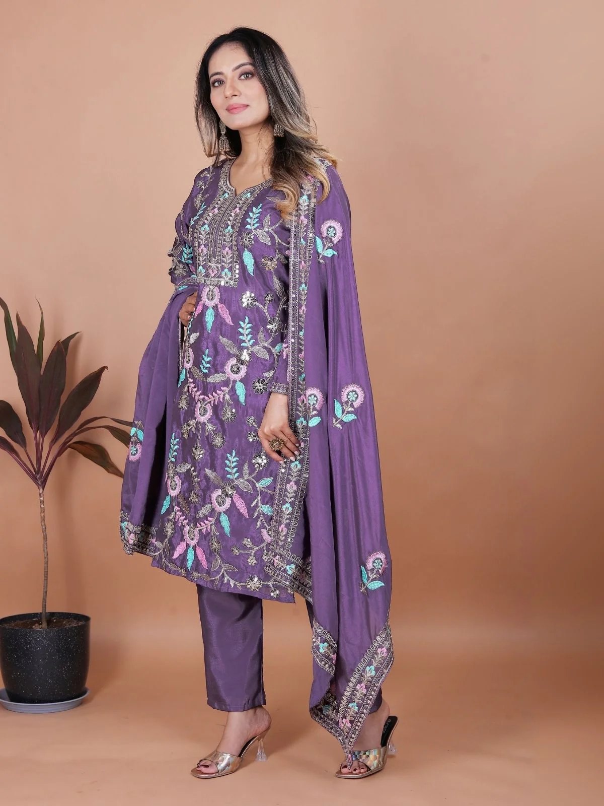 Odette Light Purple Chiffon Embroidered Stitched Kurta Set For Women - Image 2