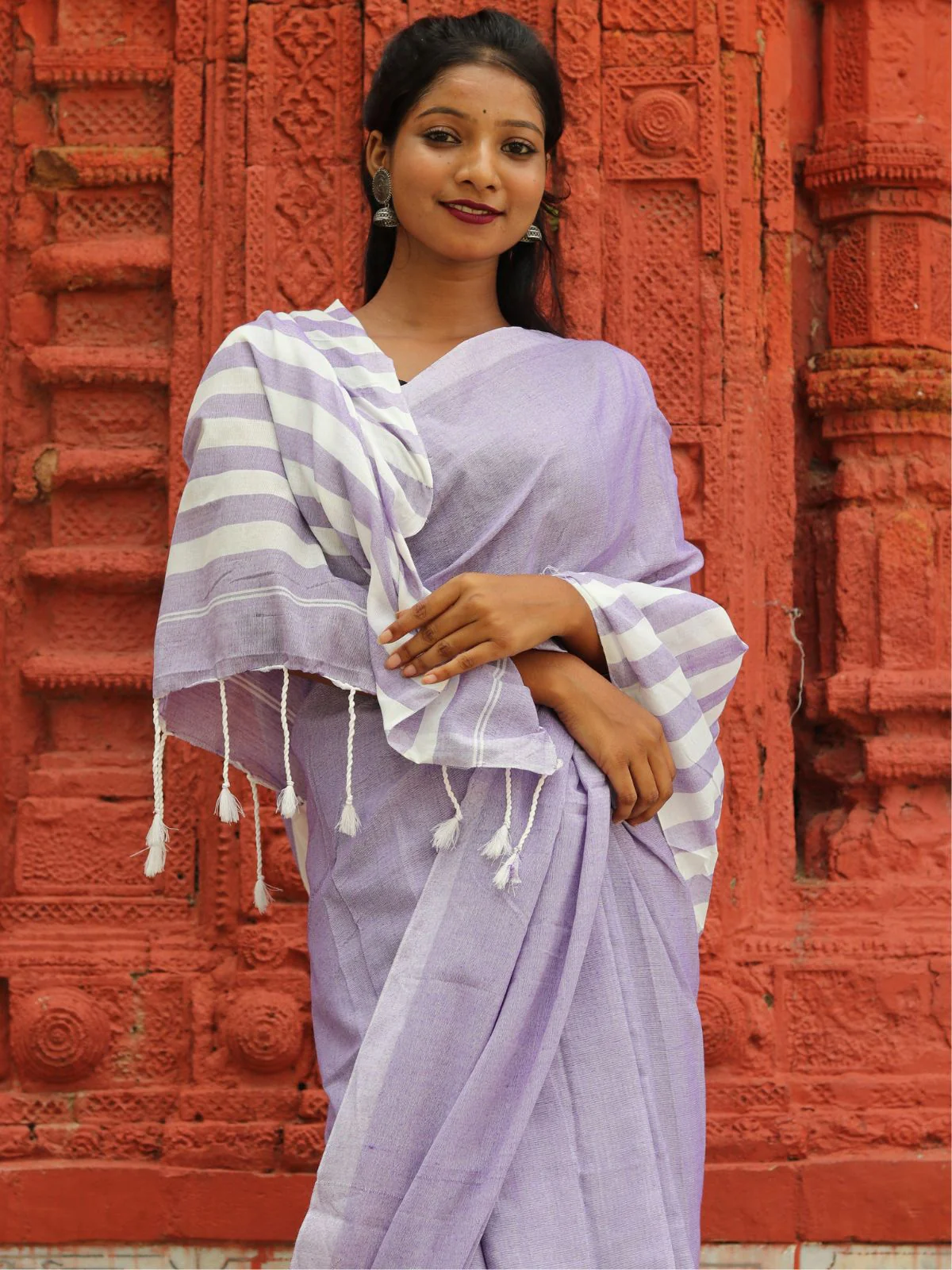 Odette Light Purple Cotton Saree With Unstitched Blouse for Women - Image 3