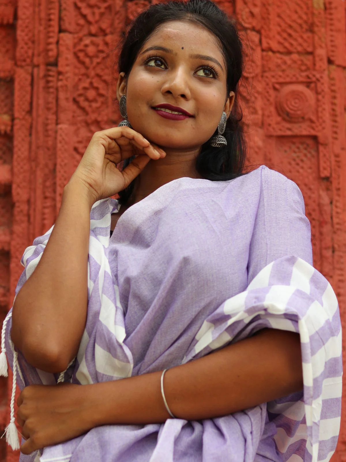 Odette Light Purple Cotton Saree With Unstitched Blouse for Women - Image 4
