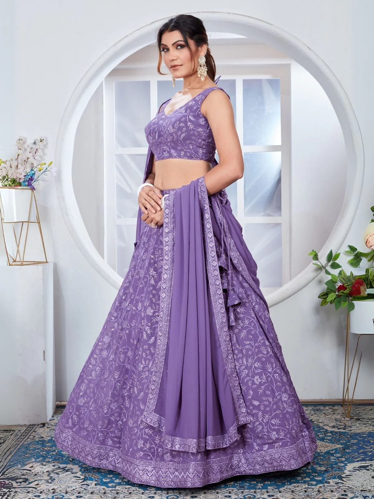 Odette Light Purple Georgette Embroidered Semi-Stitched Lehenga For Women - Image 3