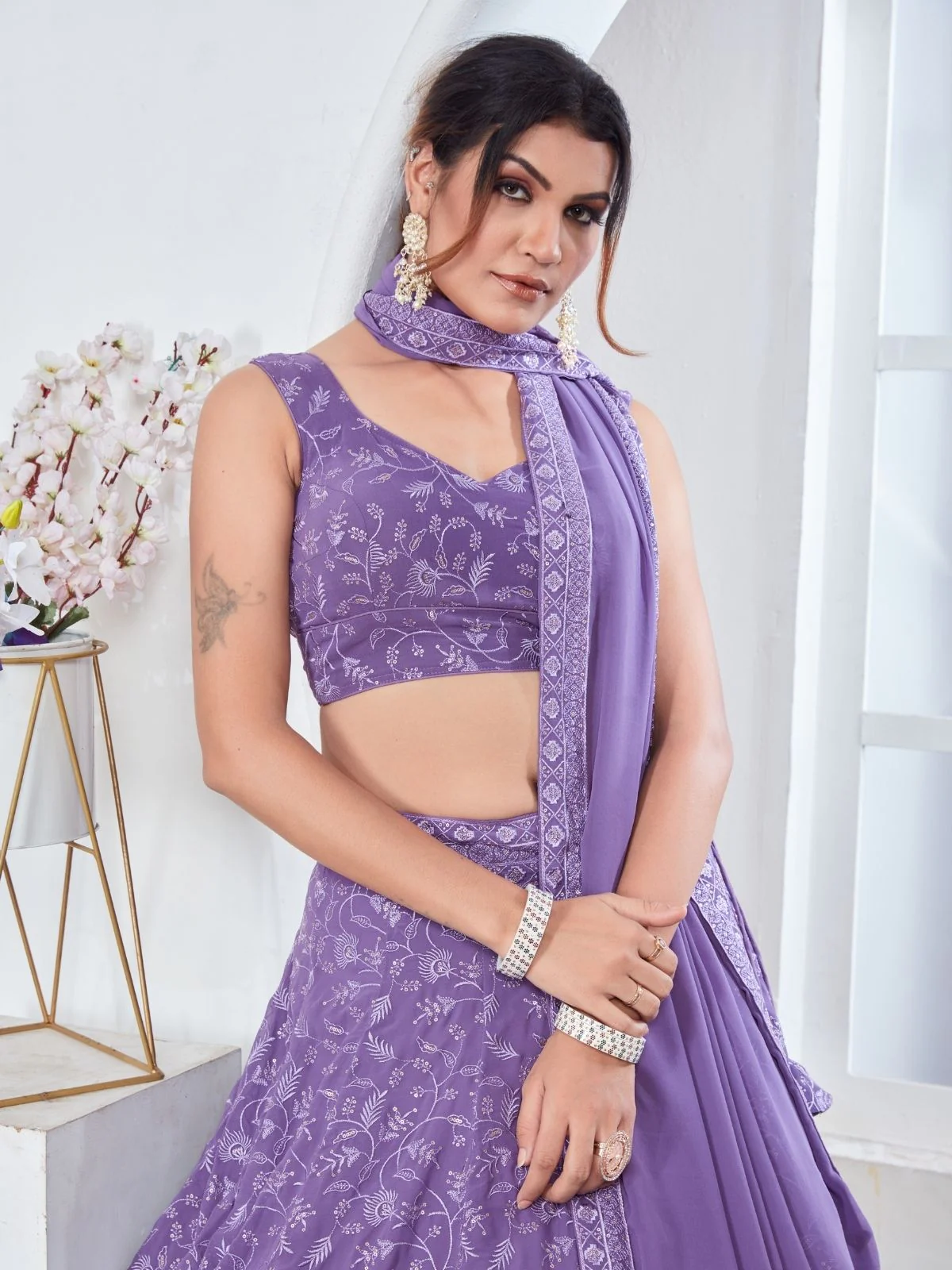 Odette Light Purple Georgette Embroidered Semi-Stitched Lehenga For Women - Image 4