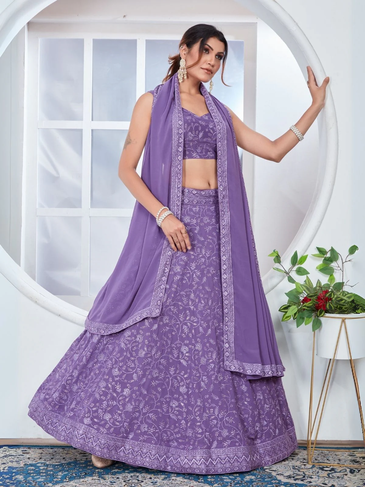 Odette Light Purple Georgette Embroidered Semi-Stitched Lehenga For Women - Image 6