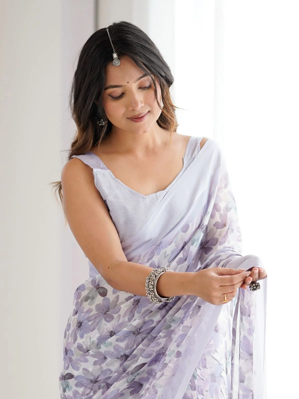 Odette Light Purple Linen Cotton Printed Saree For Women - Image 4