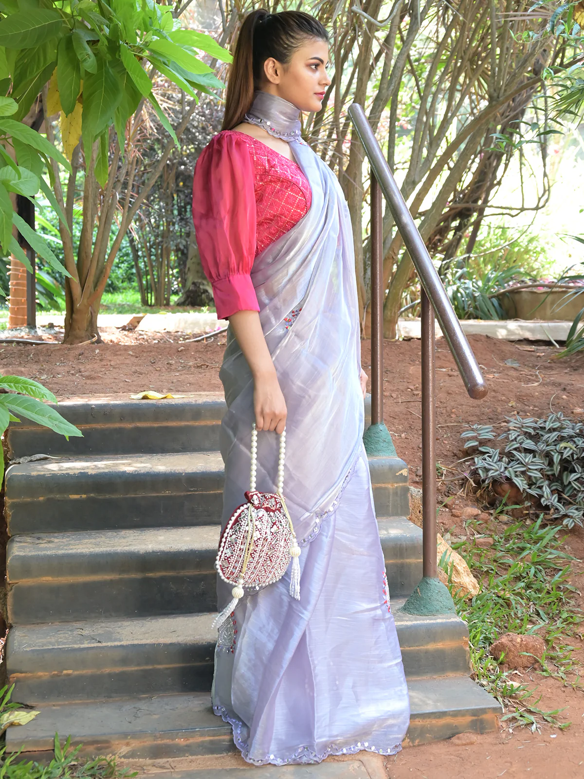 Odette Light Purple Mirror Work Embroidered Saree with Unstitched Blouse for Women - Image 2