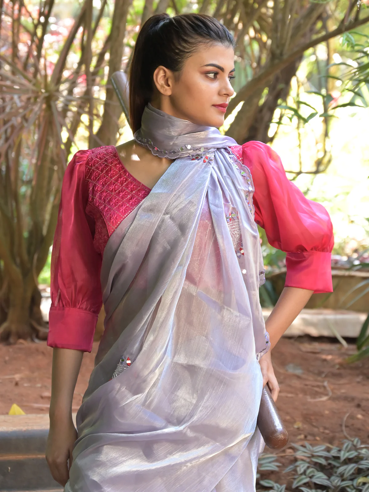 Odette Light Purple Mirror Work Embroidered Saree with Unstitched Blouse for Women - Image 4