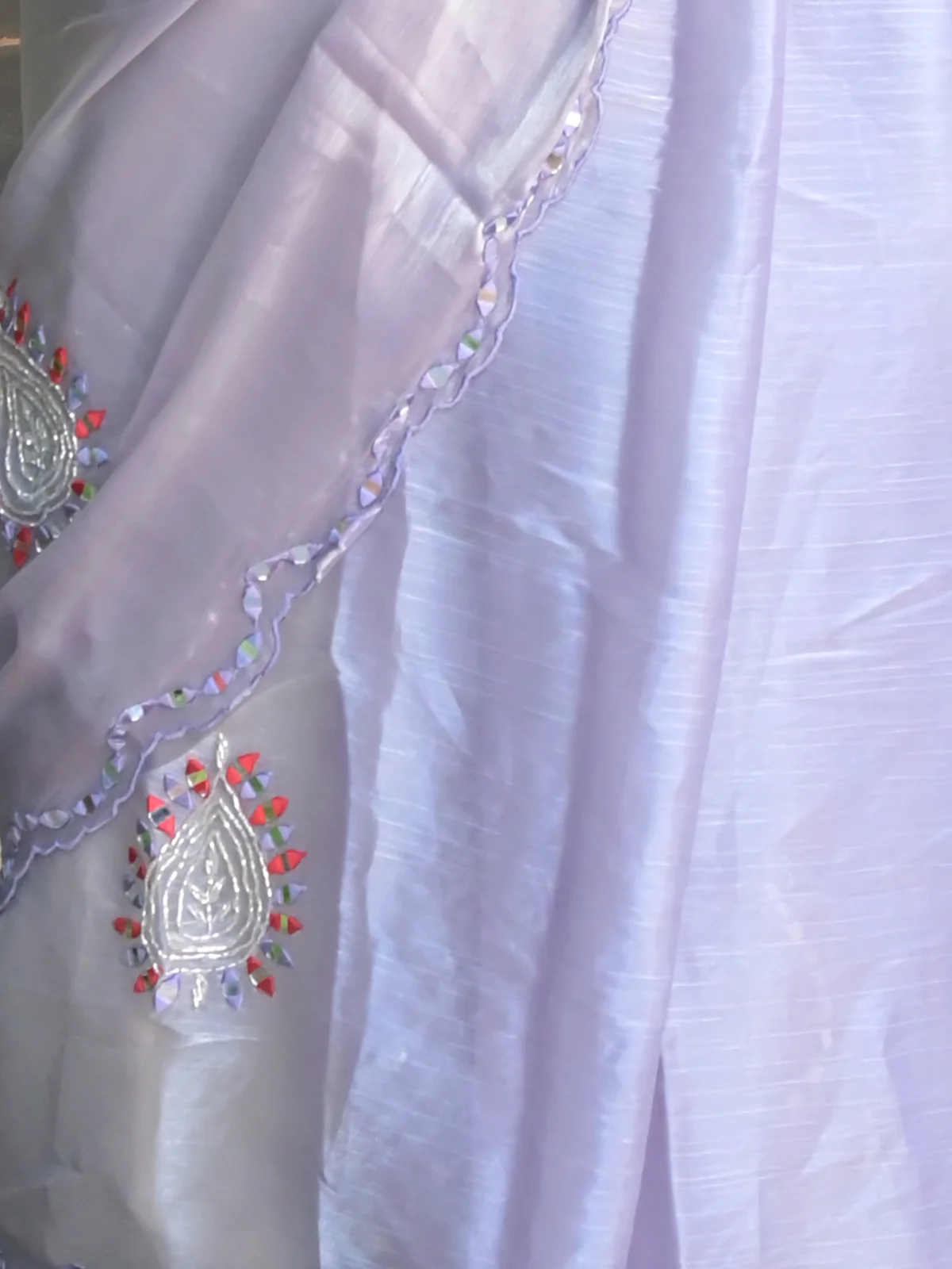Odette Light Purple Mirror Work Embroidered Saree with Unstitched Blouse for Women - Image 5