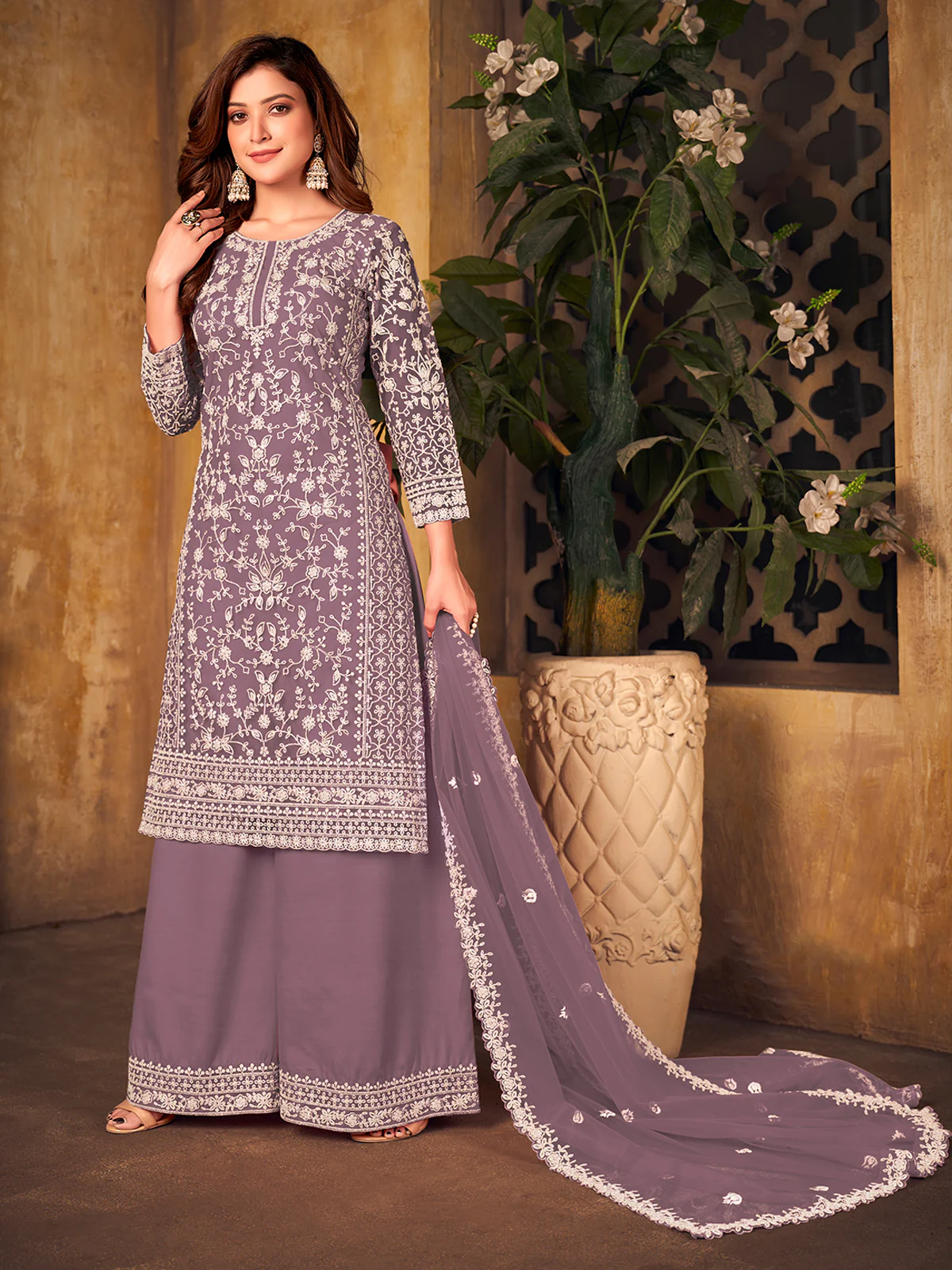 Odette Light Purple Net Embroidered Semi stitched Kurta Set with Inner For Women - Image 2