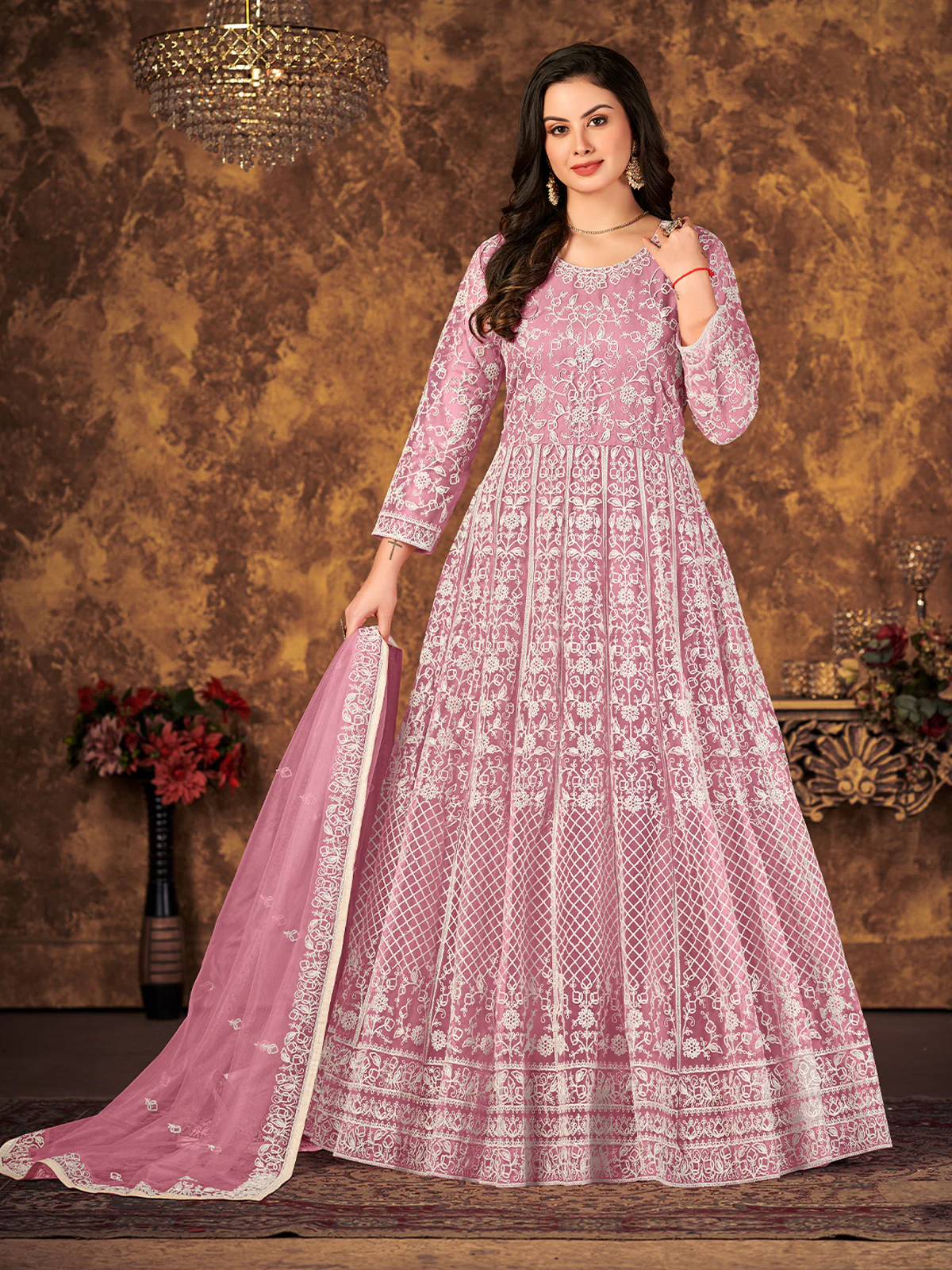Odette Light Purple Net Embroidered Semi stitched Kurta Set with Inner For Women - Image 2