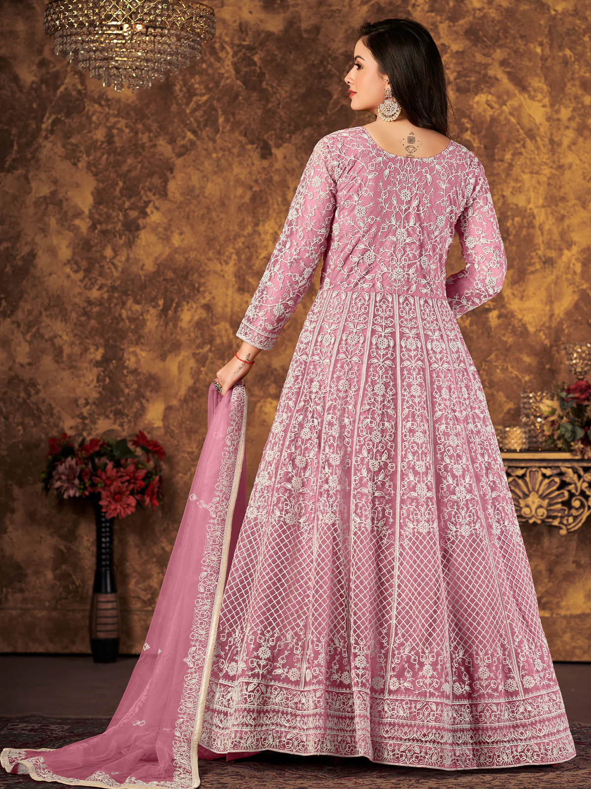 Odette Light Purple Net Embroidered Semi stitched Kurta Set with Inner For Women - Image 3