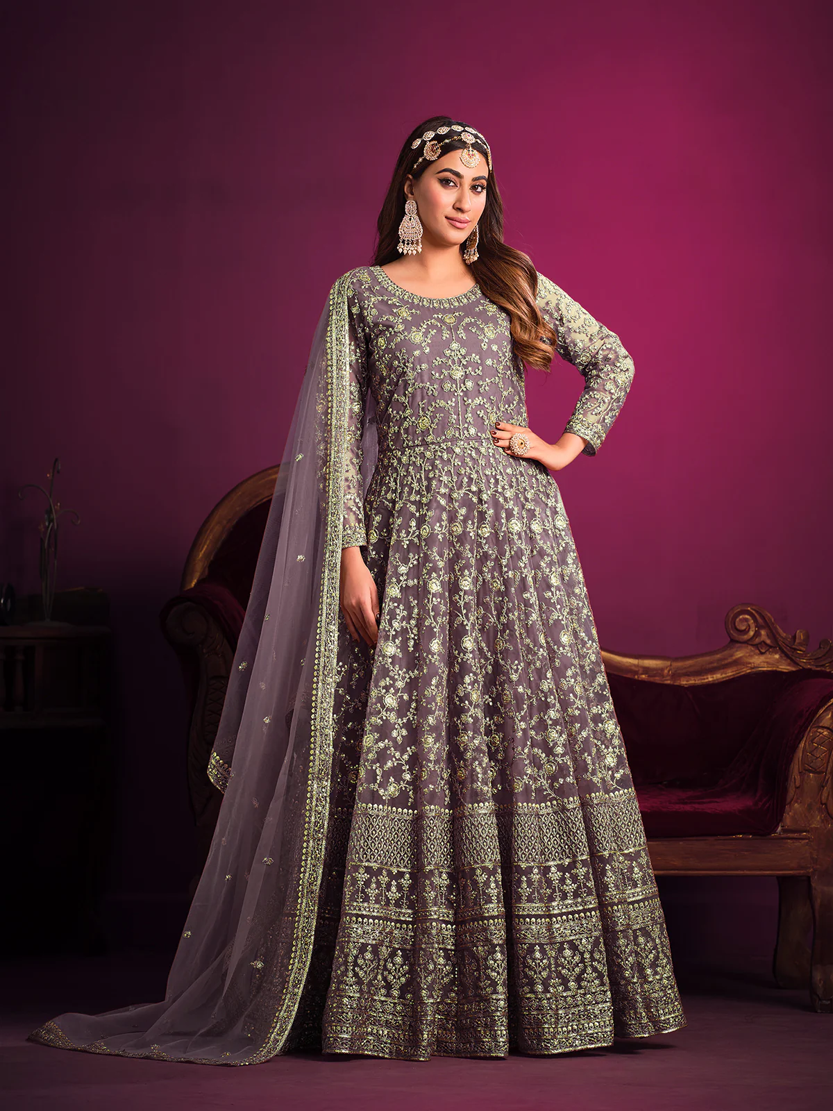 Odette Light Purple Net Embroidered Semi stitched Kurta Set With Inner For Women
