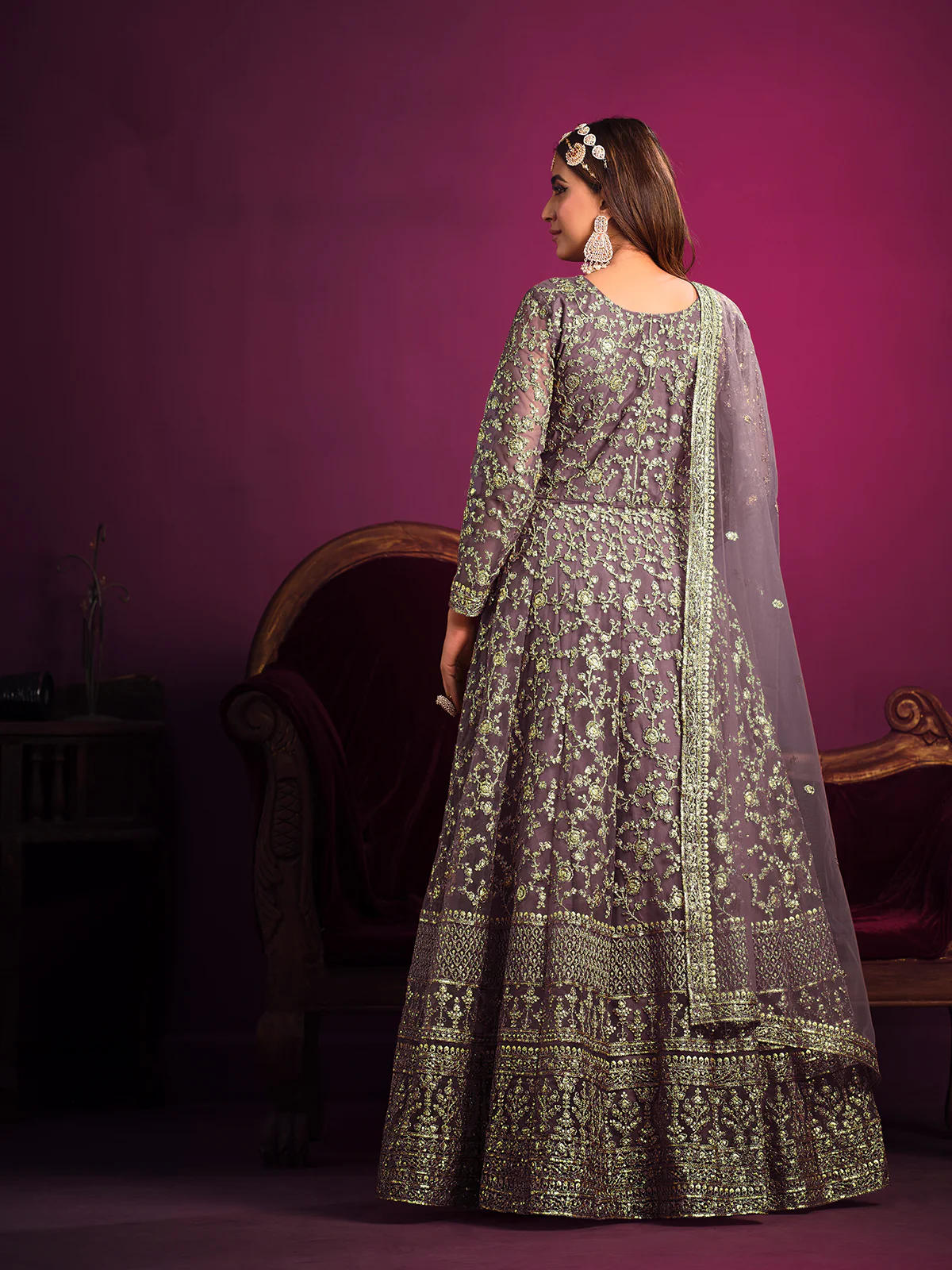 Odette Light Purple Net Embroidered Semi stitched Kurta Set With Inner For Women - Image 3