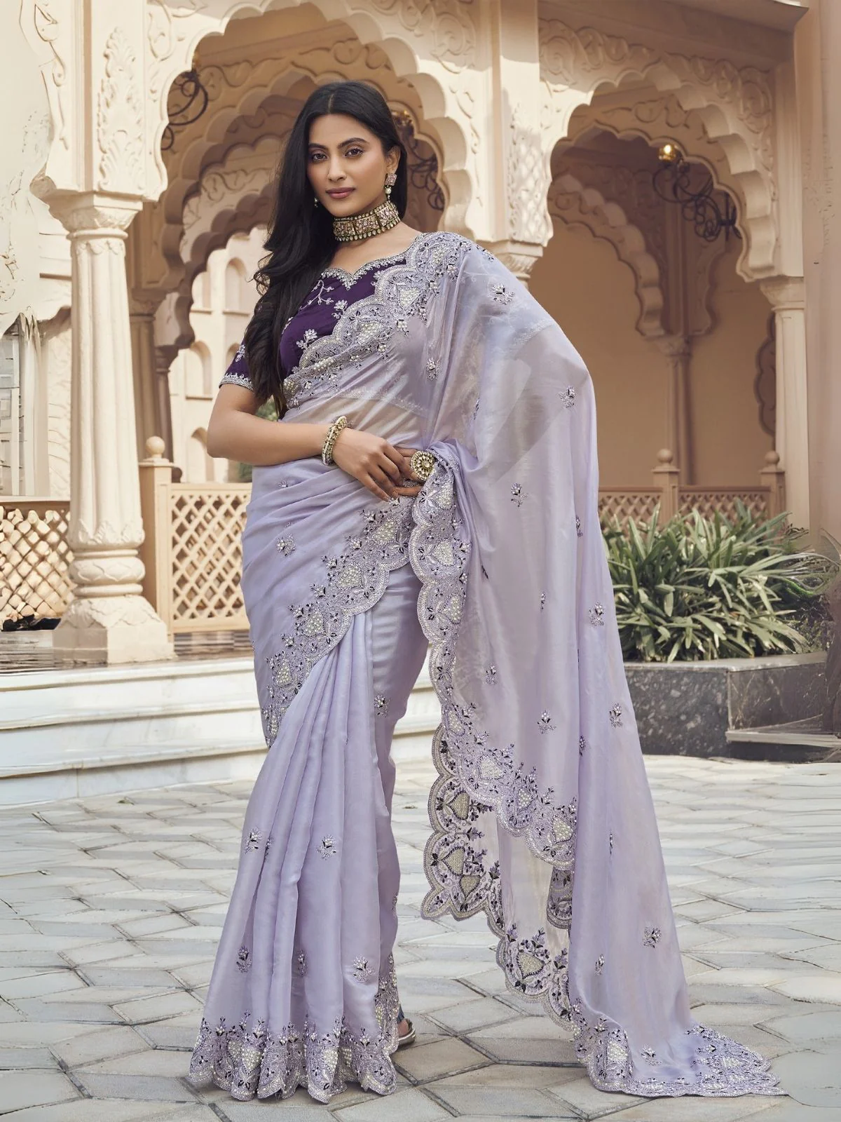 Odette Light Purple Silk Blend Embellished Elegant Saree For Women