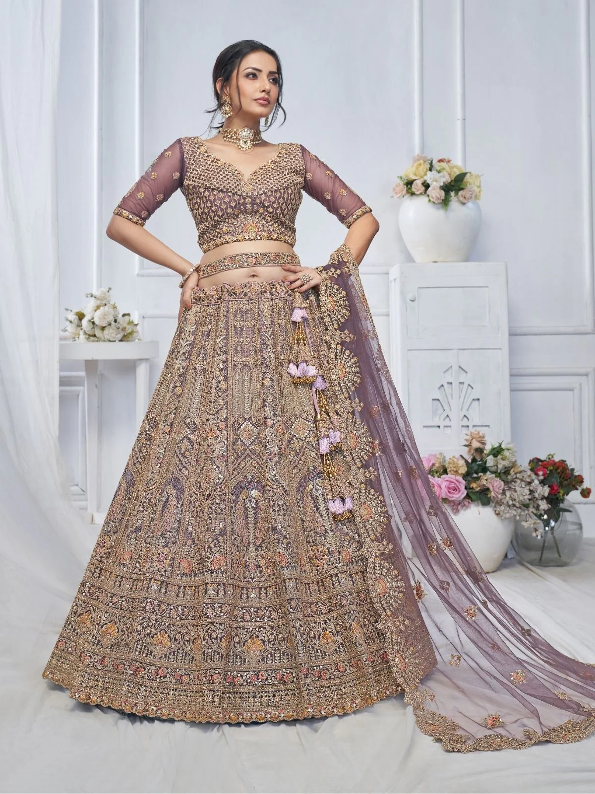 Odette Light Purple Soft Net Embroidered Semi-Stitched Lehenga With Unstitched Blouse For Women - Image 2