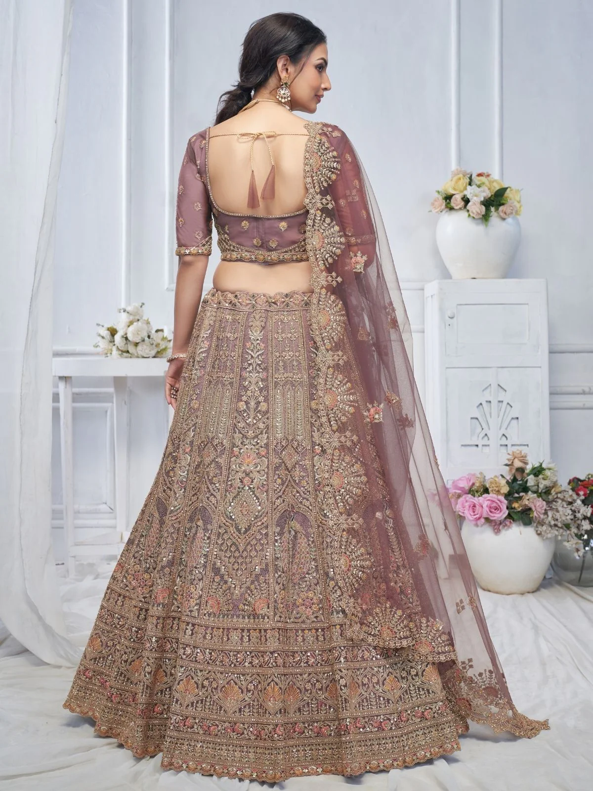 Odette Light Purple Soft Net Embroidered Semi-Stitched Lehenga With Unstitched Blouse For Women - Image 4