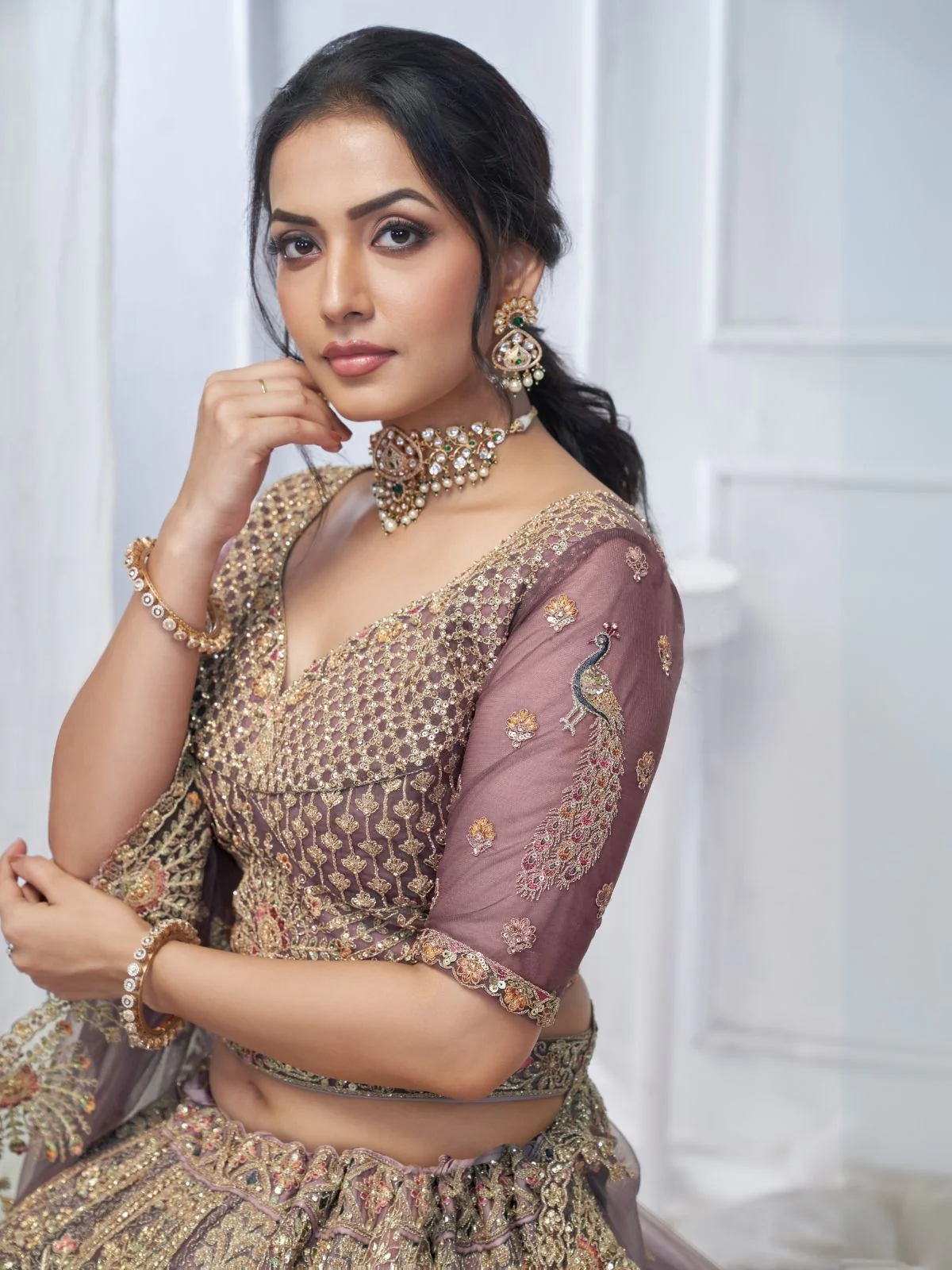 Odette Light Purple Soft Net Embroidered Semi-Stitched Lehenga With Unstitched Blouse For Women - Image 6