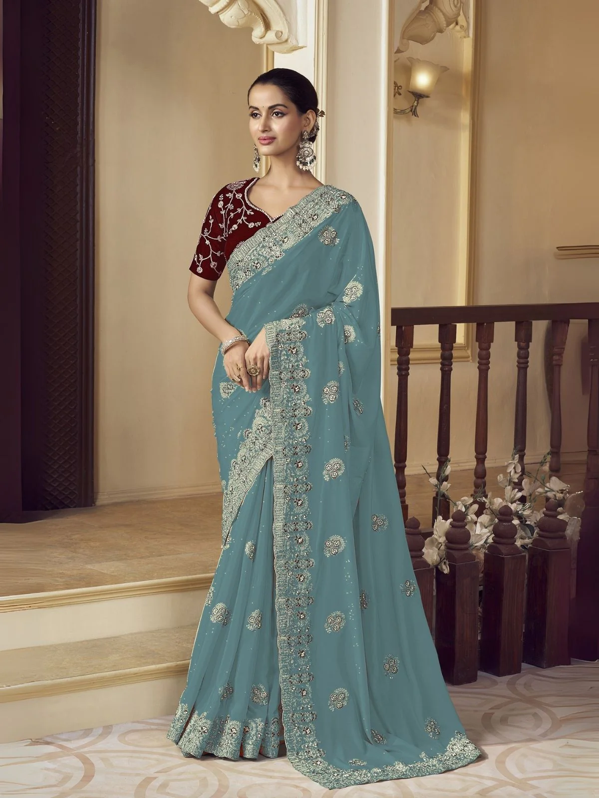 Odette Light Teal Georgette Embroidered Elegant Saree For Women