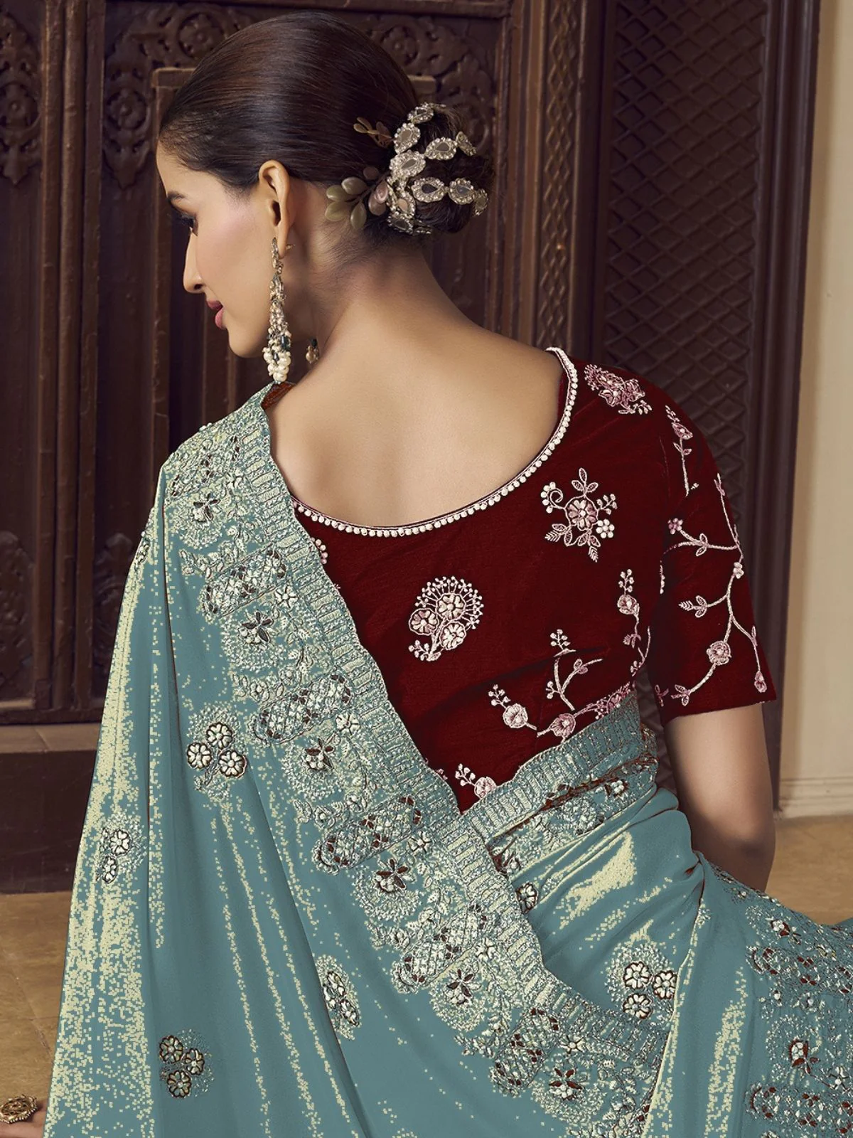Odette Light Teal Georgette Embroidered Elegant Saree For Women - Image 3