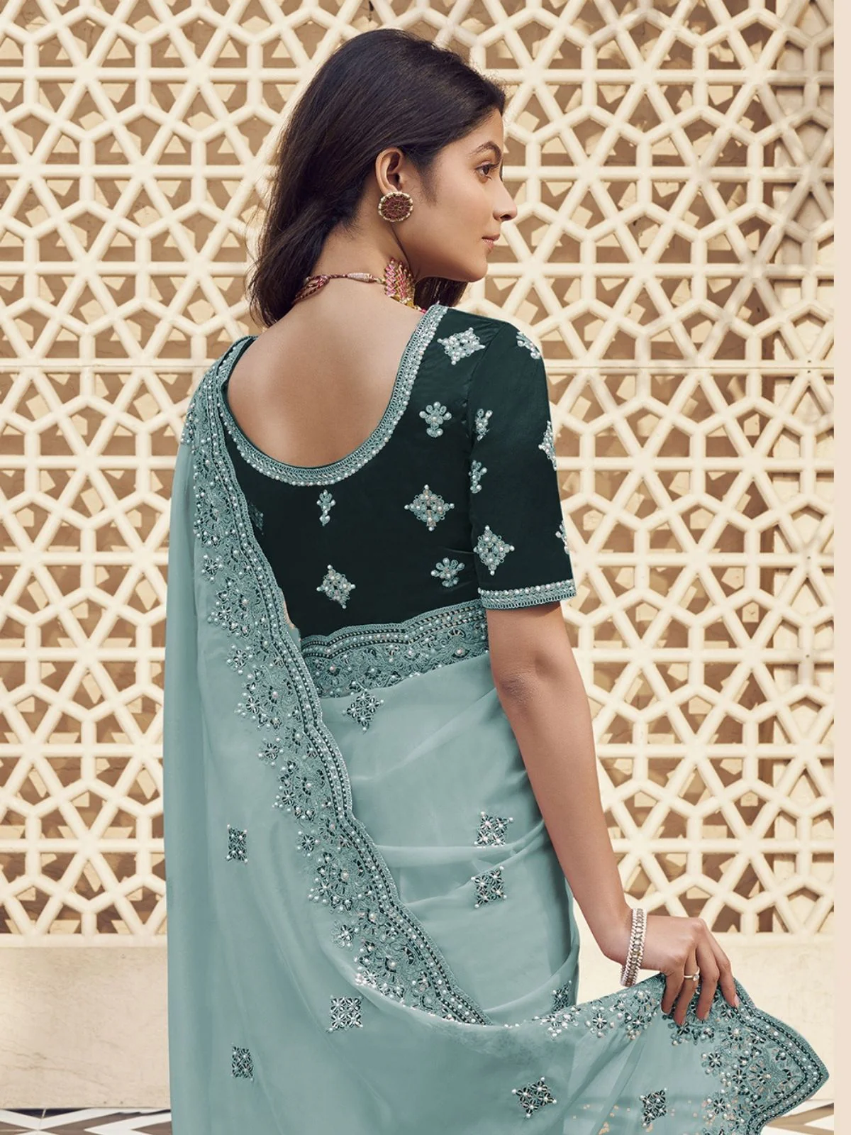 Odette Light Teal Georgette Embroidered Elegant Saree For Women - Image 3
