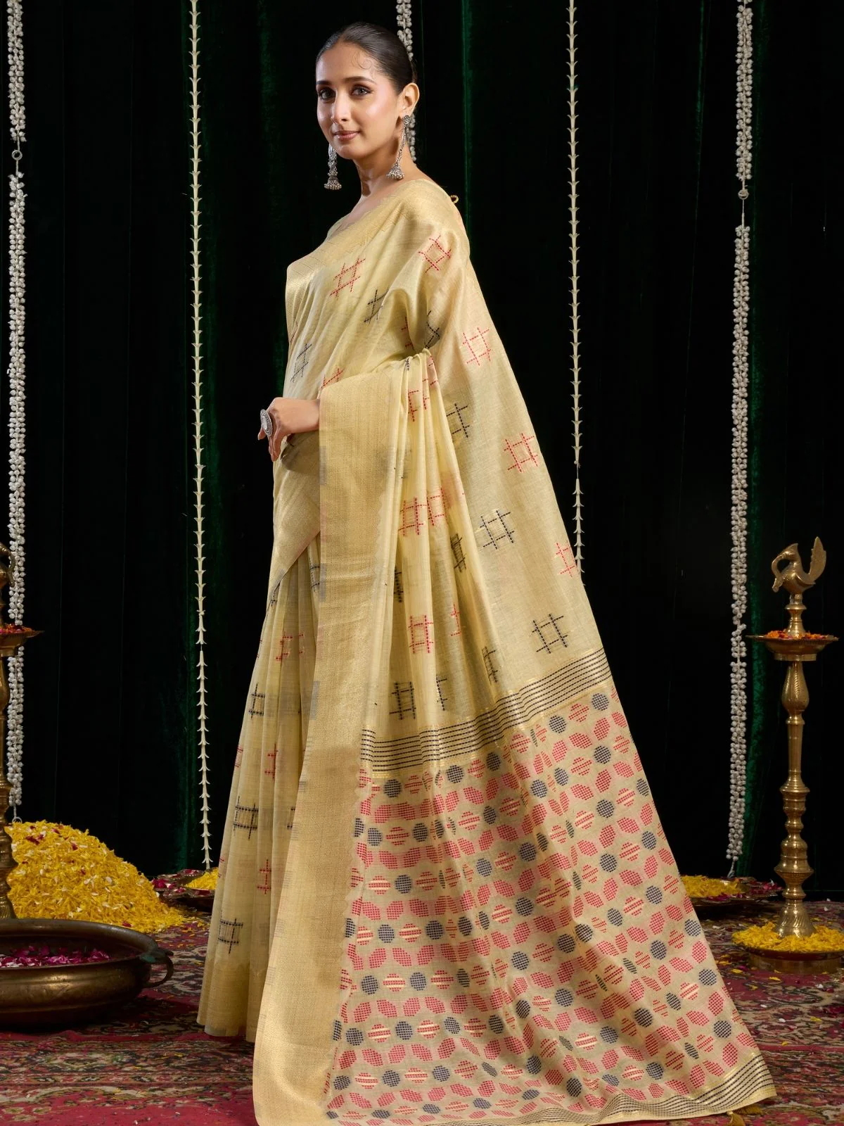 Odette Light Yelllow Cotton Blend Woven Saree For Women