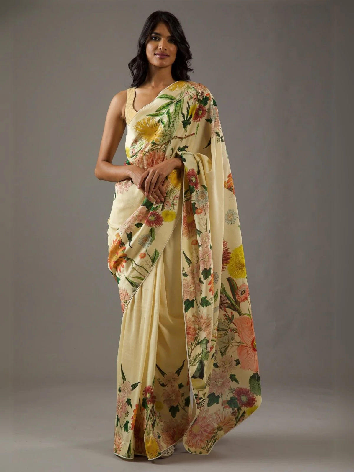 Odette Light Yellow Georgette Floral Printed Saree With Unstitched Blouse For Women