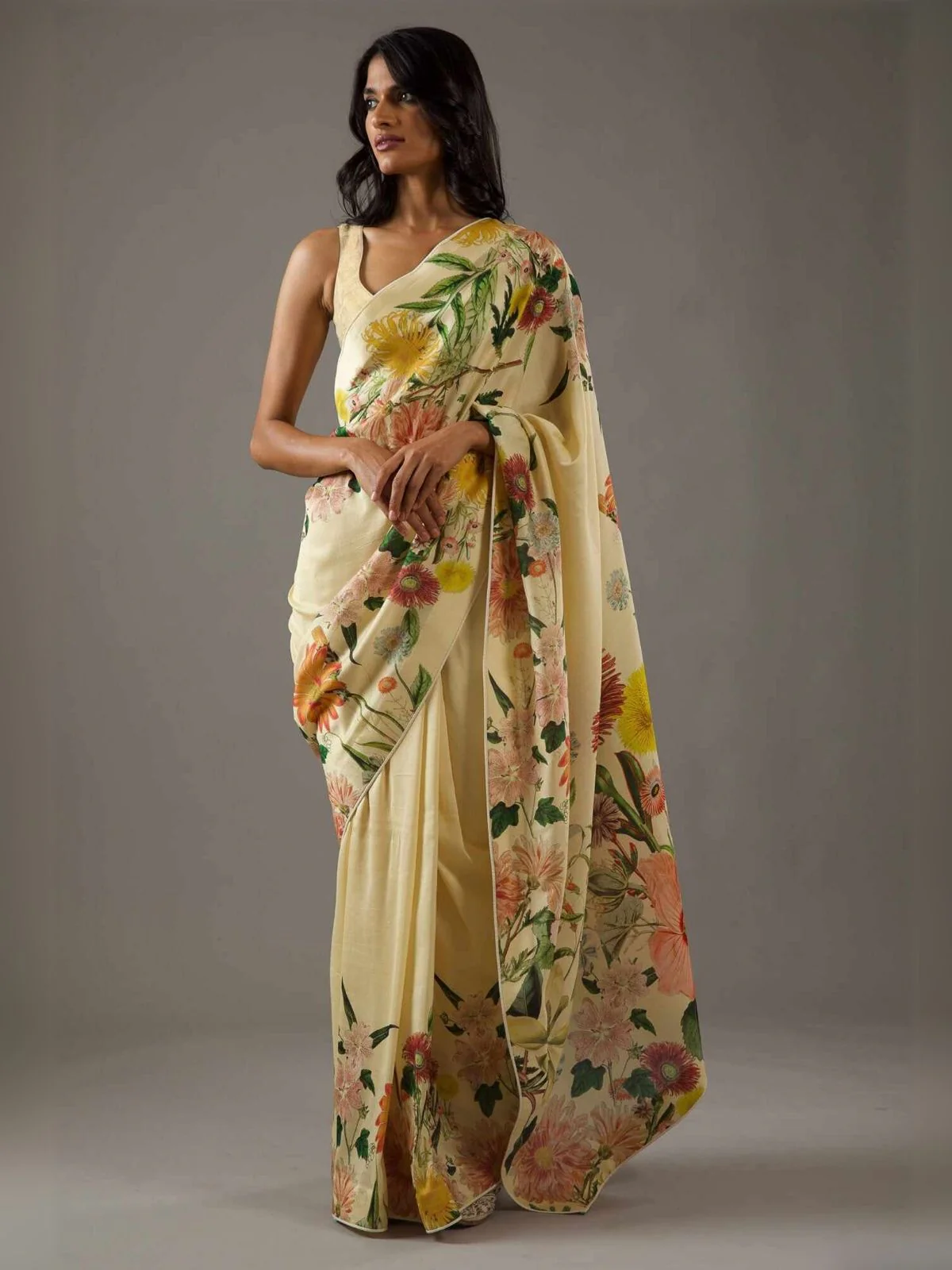Odette Light Yellow Georgette Floral Printed Saree With Unstitched Blouse For Women - Image 2