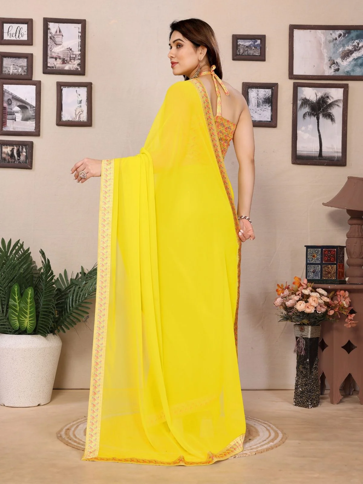 Odette Light Yellow Georgette Printed Saree For Women - Image 3
