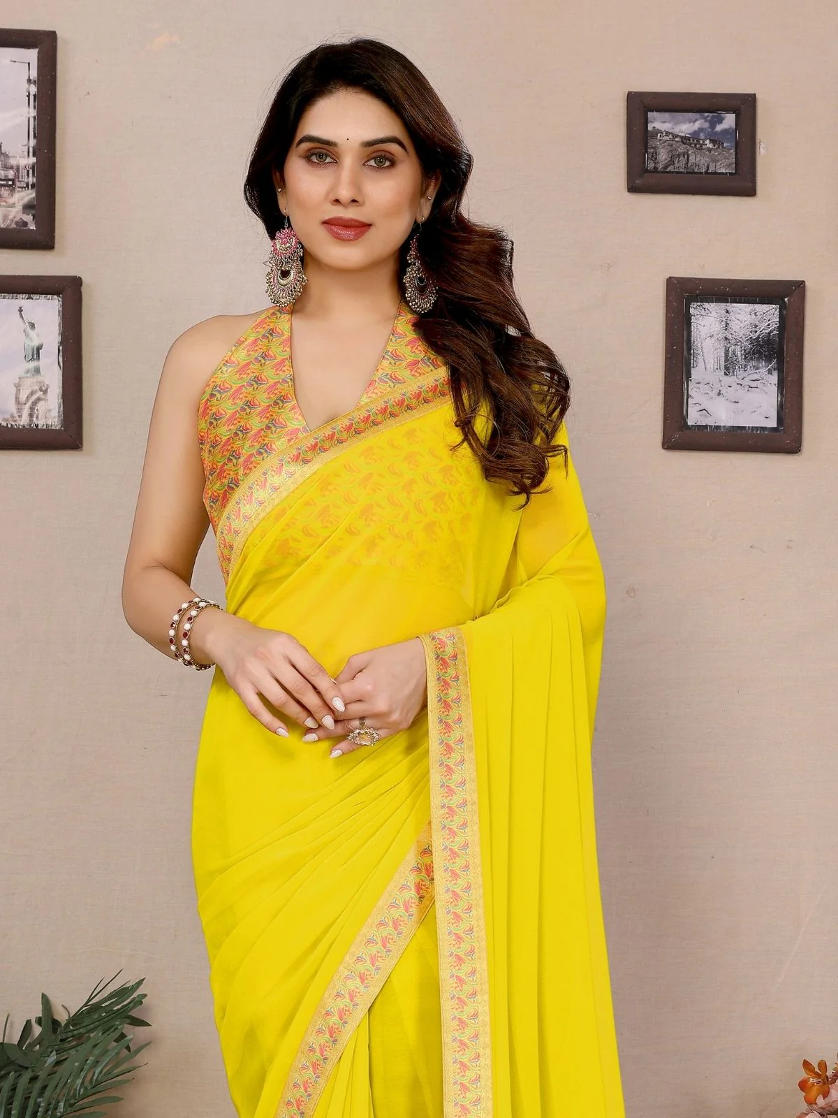 Odette Light Yellow Georgette Printed Saree For Women - Image 4