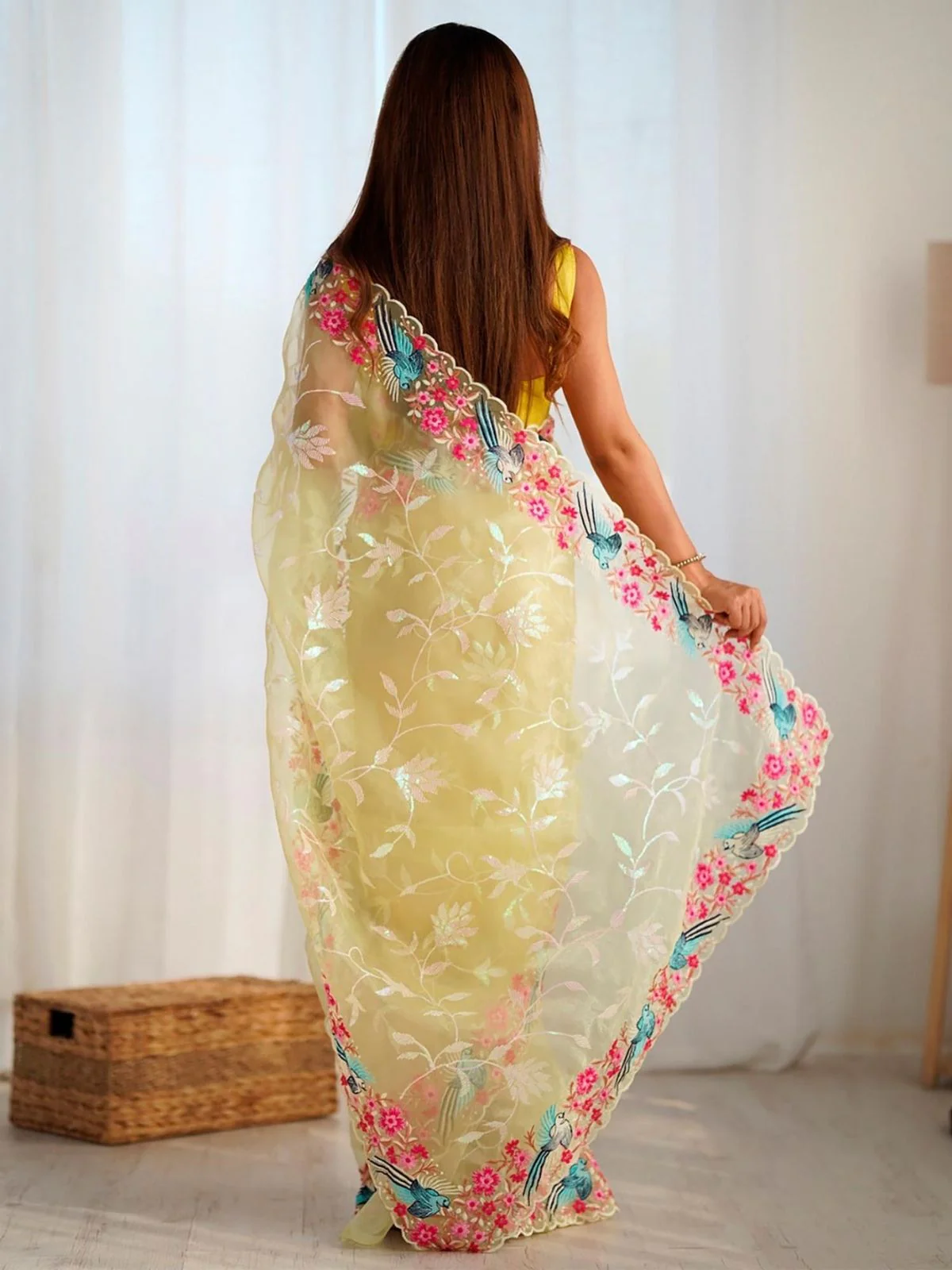 Odette Light Yellow Organza Embroidered Solid Saree For Women - Image 2