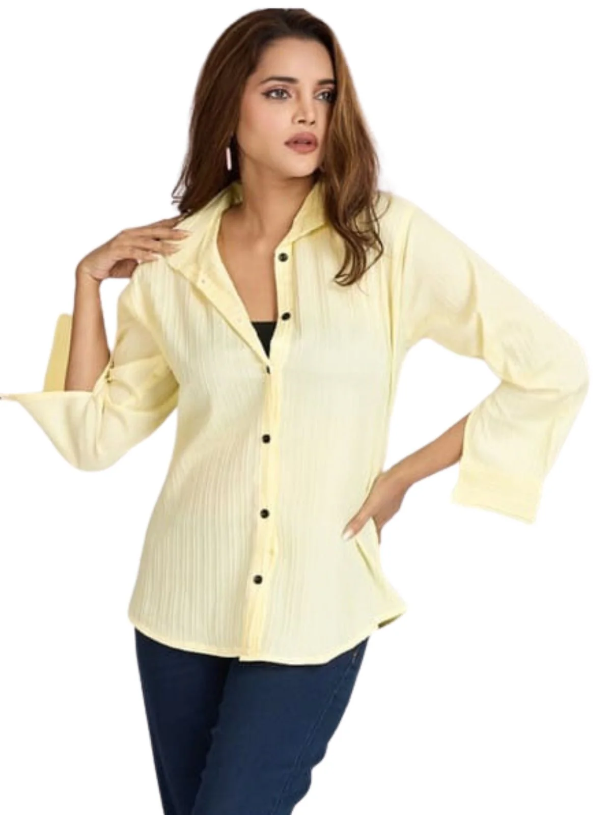 Odette Light Yellow Poly Cotton Solid Shirt For Women - Image 2