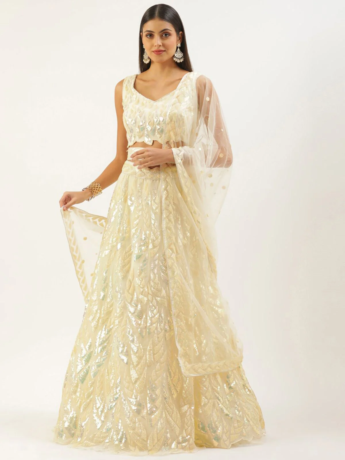 Odette Light Yellow Soft Net Embellished Semi Stitched Lehenga With Unstitched Blouse For Women - Image 2
