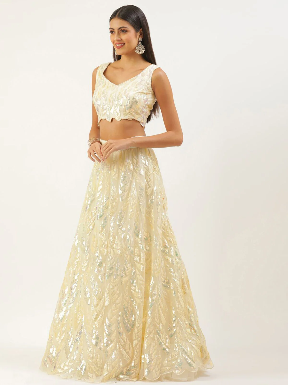 Odette Light Yellow Soft Net Embellished Semi Stitched Lehenga With Unstitched Blouse For Women - Image 3