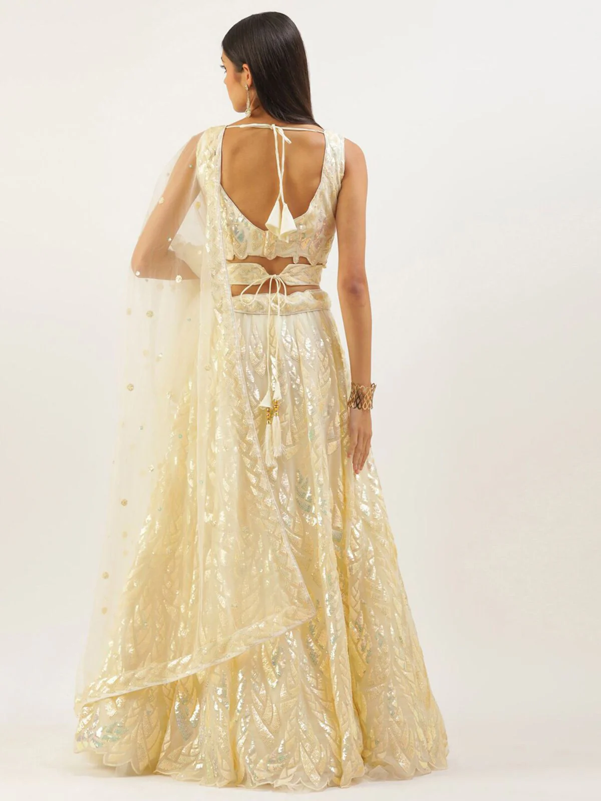 Odette Light Yellow Soft Net Embellished Semi Stitched Lehenga With Unstitched Blouse For Women - Image 4