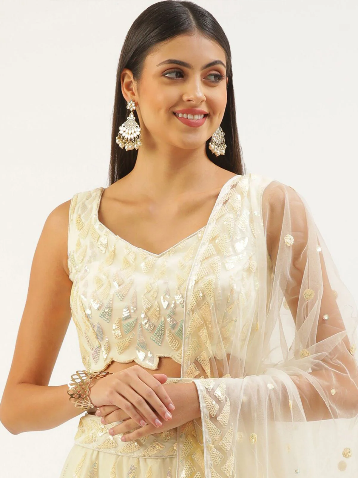 Odette Light Yellow Soft Net Embellished Semi Stitched Lehenga With Unstitched Blouse For Women - Image 5