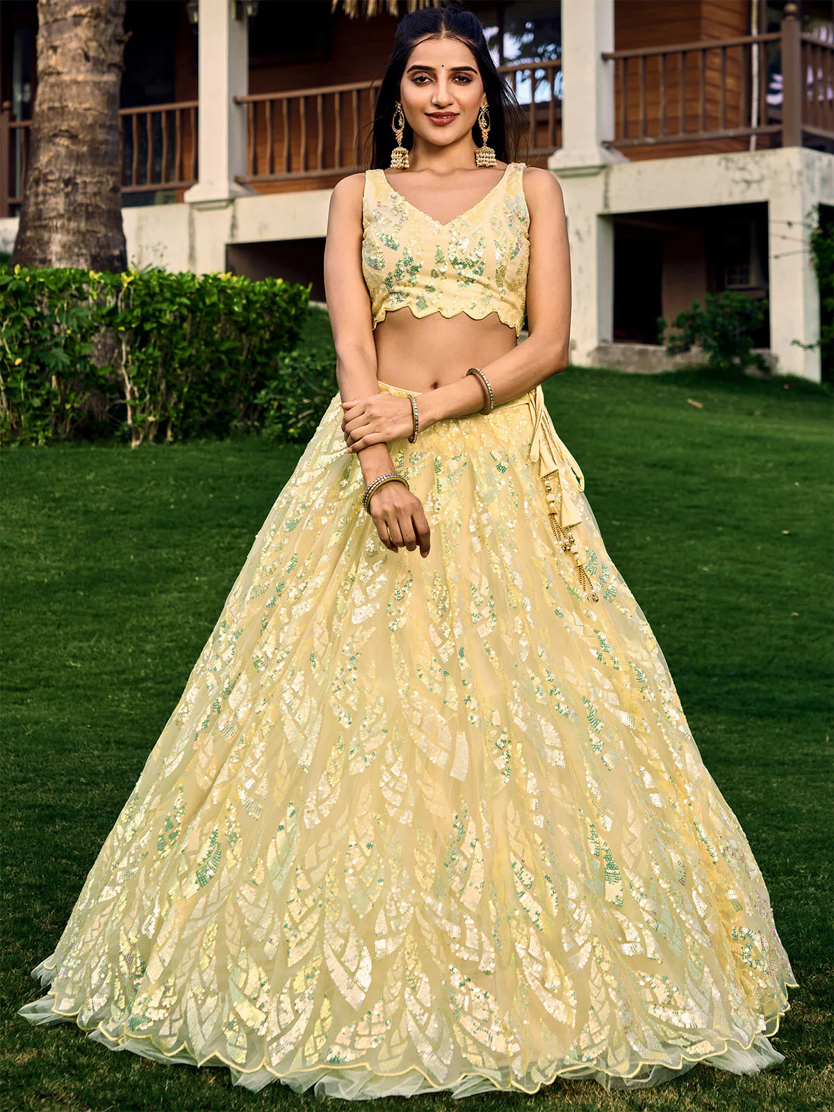 Odette Light Yellow Soft Net Embellished Semi Stitched Lehenga With Unstitched Blouse For Women - Image 3