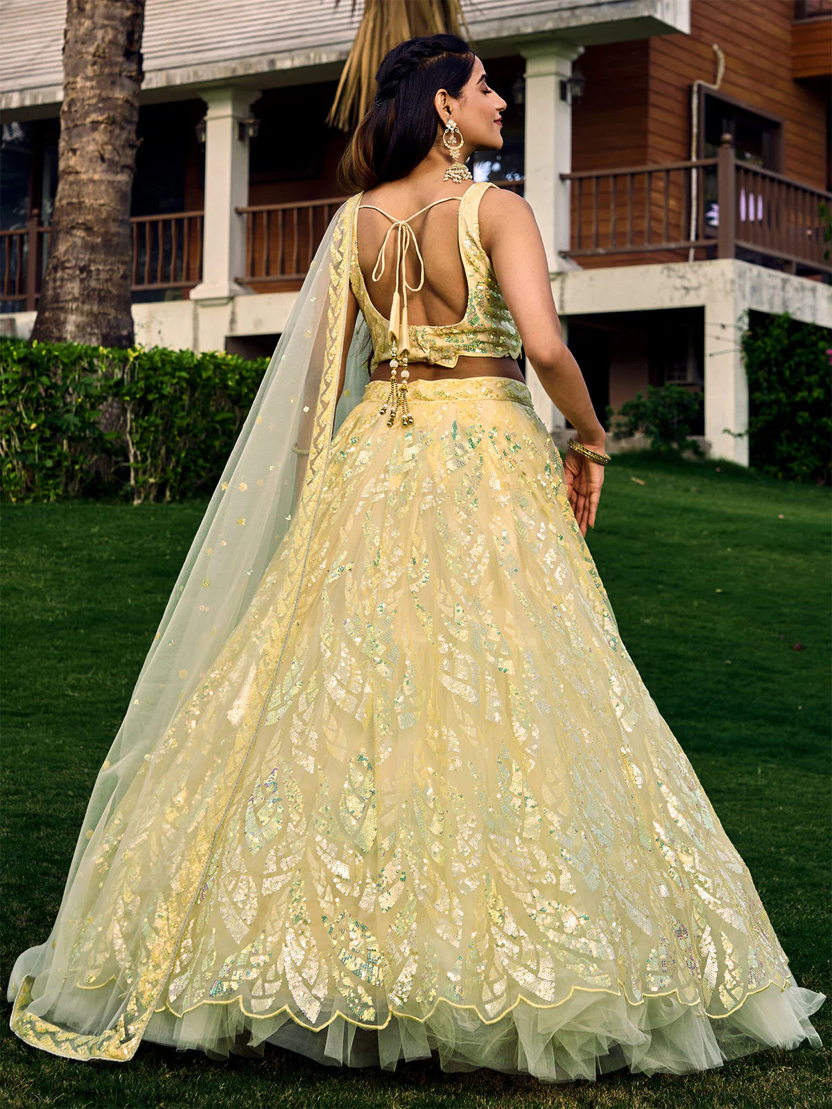 Odette Light Yellow Soft Net Embellished Semi Stitched Lehenga With Unstitched Blouse For Women - Image 4