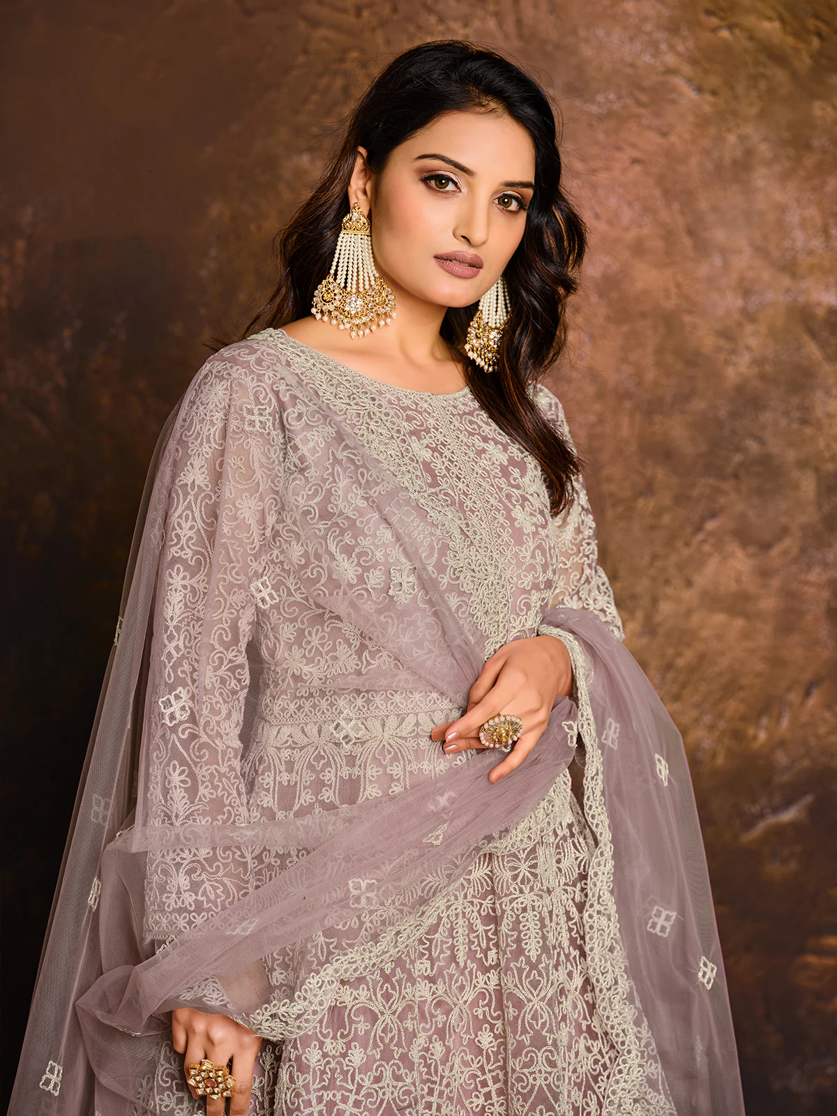 Odette Lilac Net Embroidered Semi stitched Kurta Set with Inner For Women - Image 3