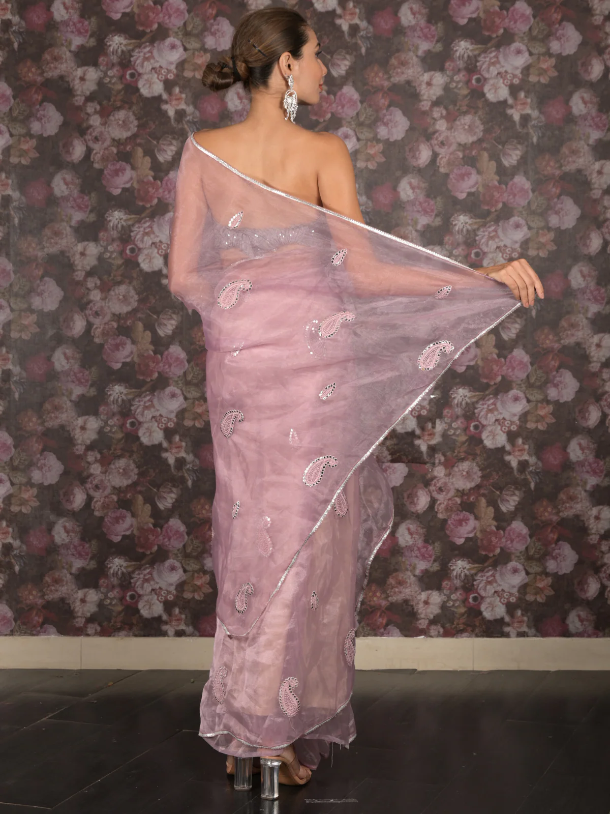 Odette Lilac Organza Embroidered Saree Without Blouse For Women - Image 4